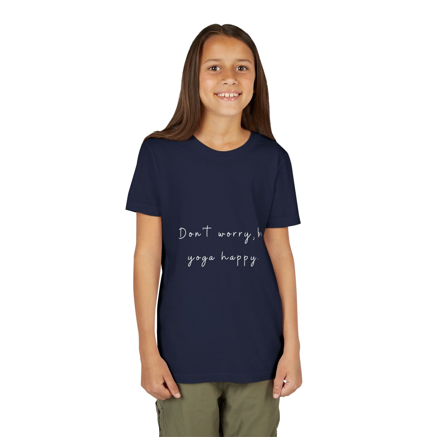 Don't Worry Be Yoga Happy - Yoga Motivational Youth Tee I Kids Yoga T-Shirt I Positive Message Tee I Gift for Young Yogis I Casual Summer Top for Kids