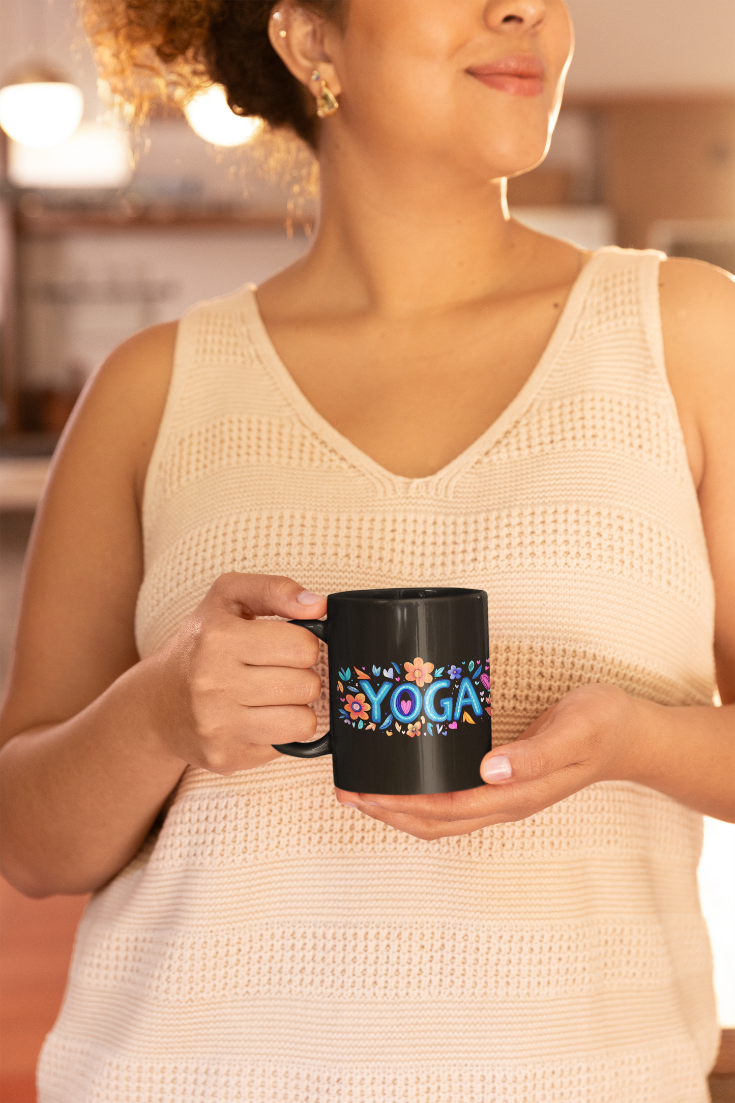 Yoga-Inspired Black Coffee Mug | Floral Yoga Mug | Gifts for Yogis | Cute Mug for Home or Studio | Coffee Lover Gift | Meditation Accessory I Self-Care