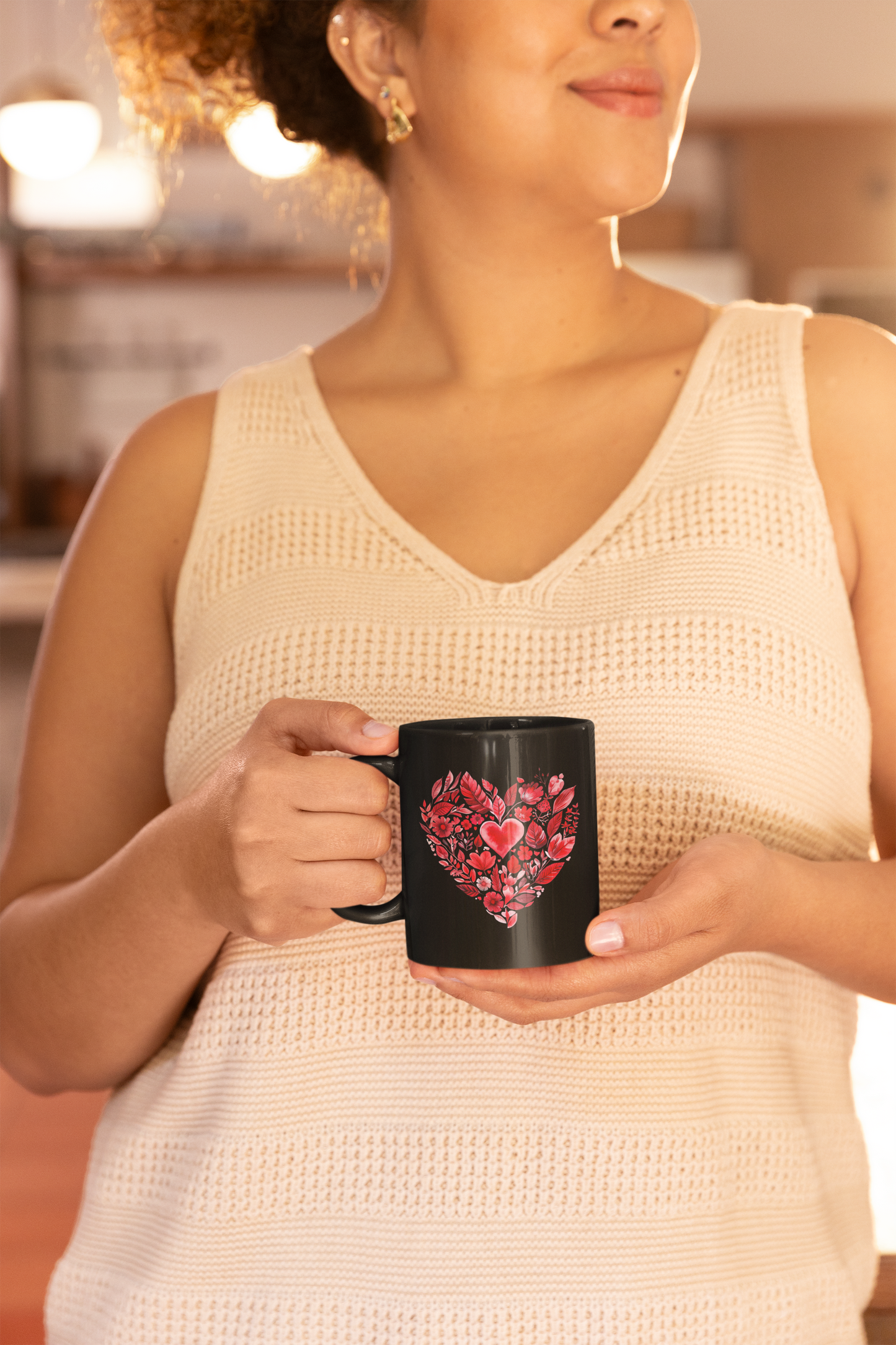 Heart Floral Black Coffee Mug I Romantic Coffee Cup for Valentine's Day I Gift for Coffee Lovers I Floral Mandala Mug for Yogis I Self-Care I Meditation