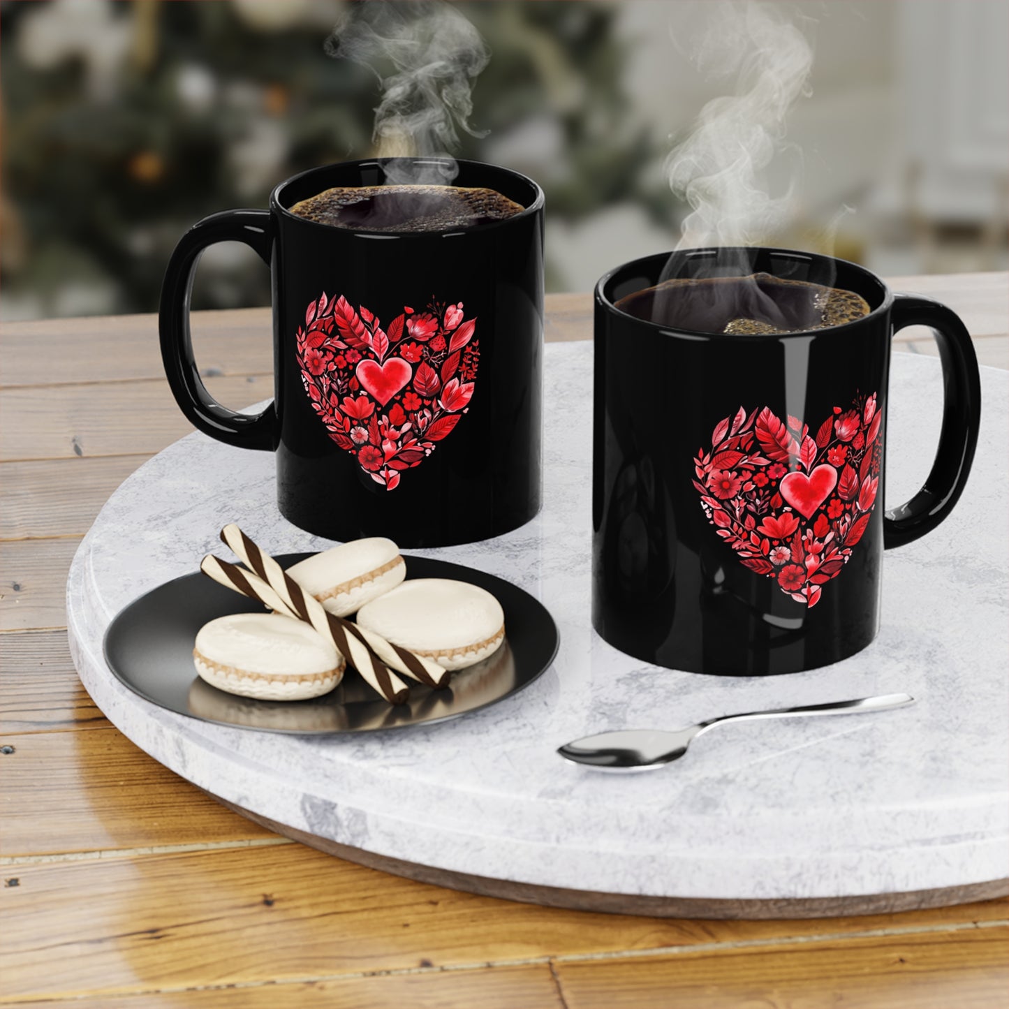 Heart Floral Black Coffee Mug I Romantic Coffee Cup for Valentine's Day I Gift for Coffee Lovers I Floral Mandala Mug for Yogis I Self-Care I Meditation