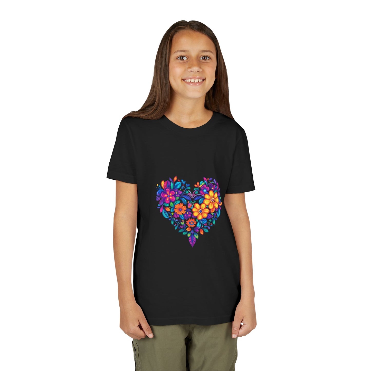 Floral Heart Youth Yoga Tee - Cute Kids T-Shirt I Spring Outfit for Young Yogis I Birthday Gift I Flower Design Top I Children's Fashion