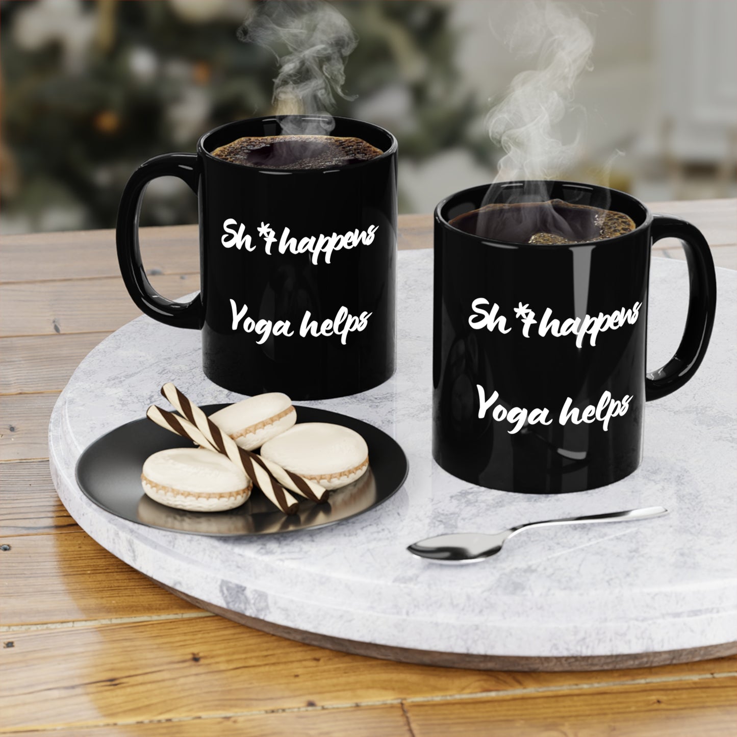 Sh*t Happens Yoga Helps - Funny Yoga Coffee Mug I Gift for Yogis I Wellness Vibe I Black Ceramic Cup I Unique Tea Mug I Self-Care Drinkware
