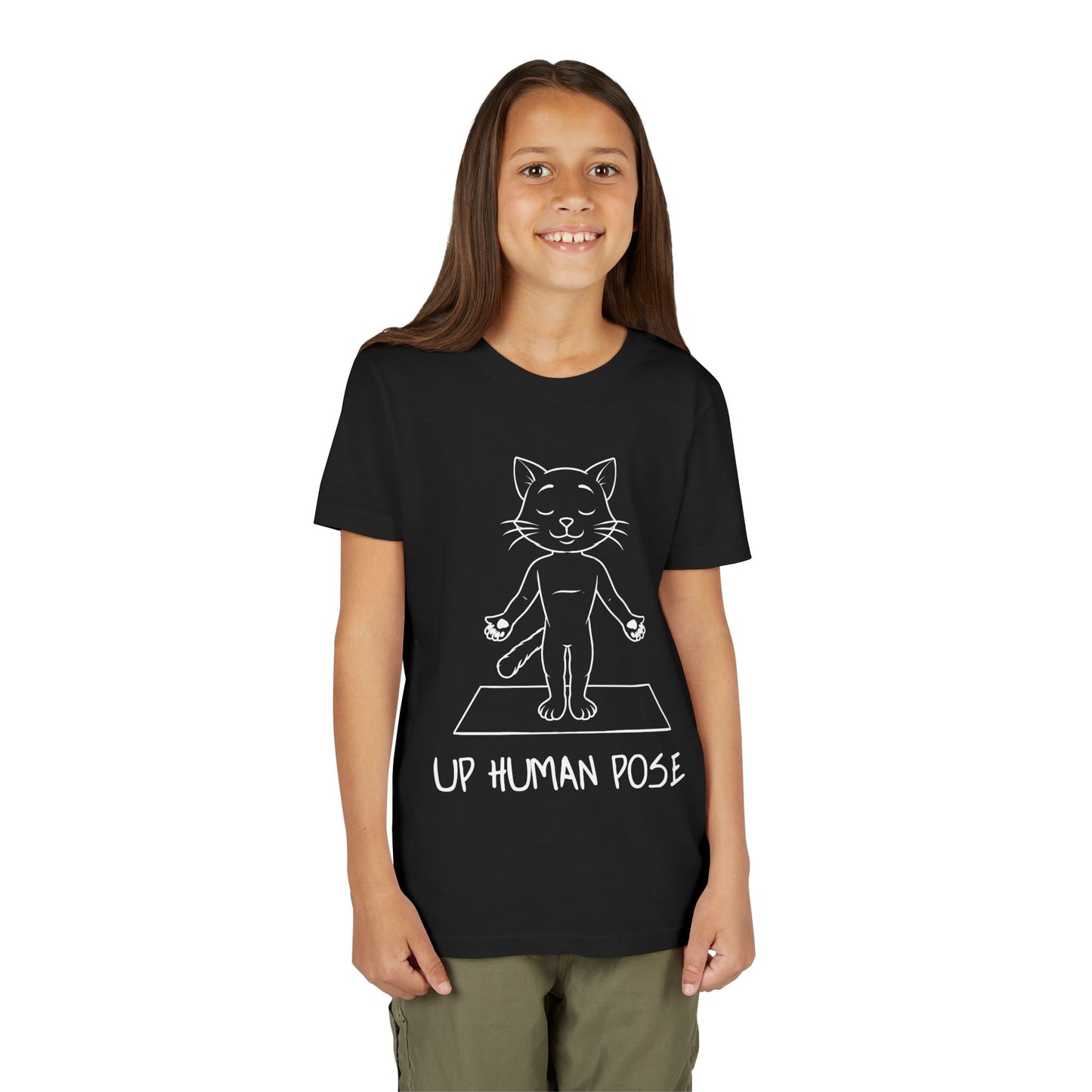Cute Up Human Pose Design - Youth Yoga Cat Tee I Kids Yoga T-Shirt I Gift for Pet Lovers I Fun Animal Tee I Kids Activewear