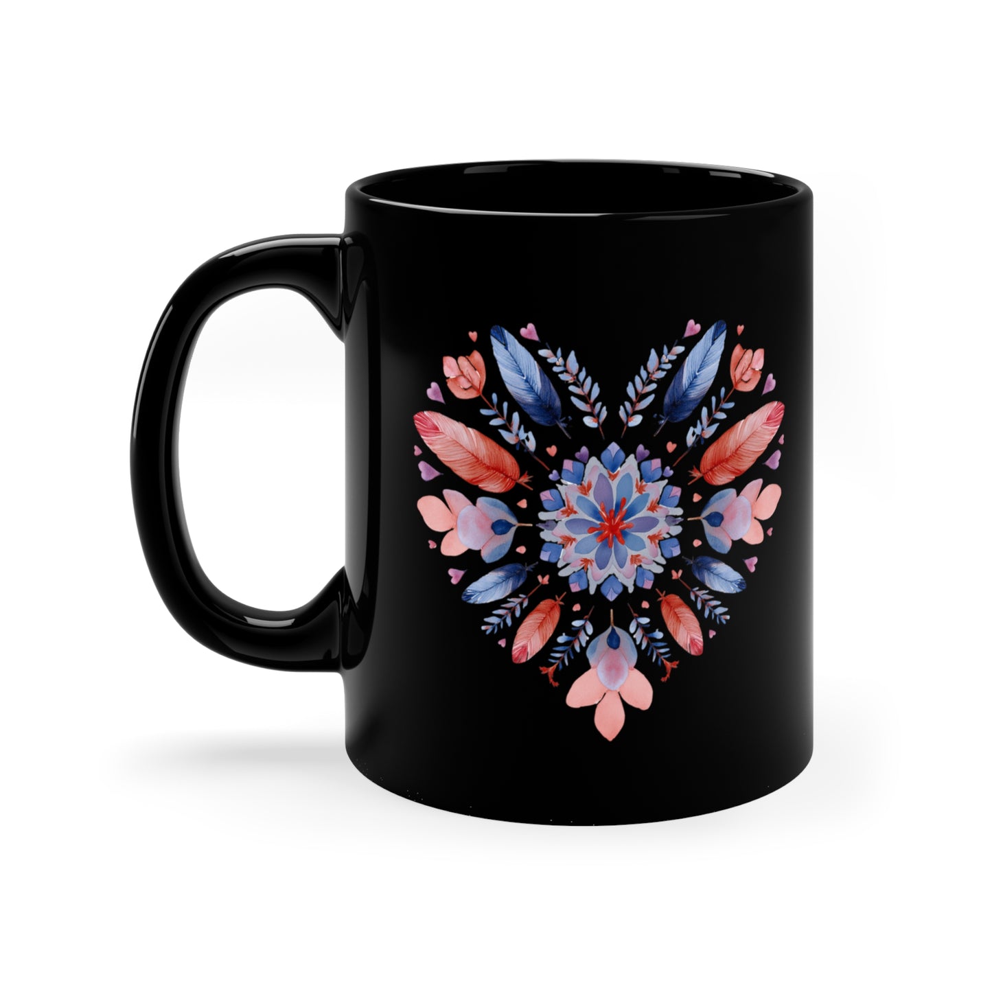 Heartwarming Floral Heart Mandala Black Coffee Mug | Perfect Gift for Coffee Lovers I Self-Care Yoga I Home Decor I Valentine's Day I Birthdays I Office Use