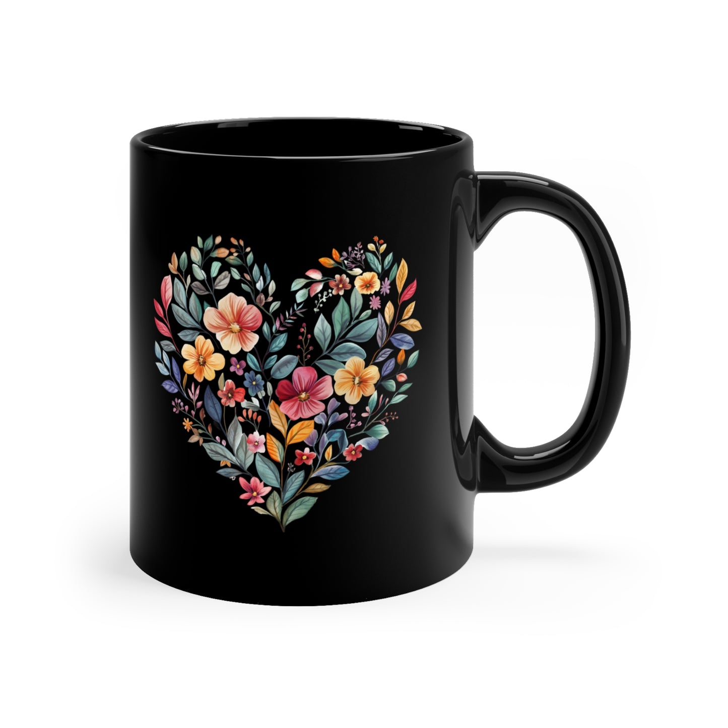 Floral Heart Mandala Coffee Mug I 11oz Black Ceramic Coffee Cup for Yoga Lovers I Ideal Gift for Mother's Day I Birthdays and Meditation Enthusiasts