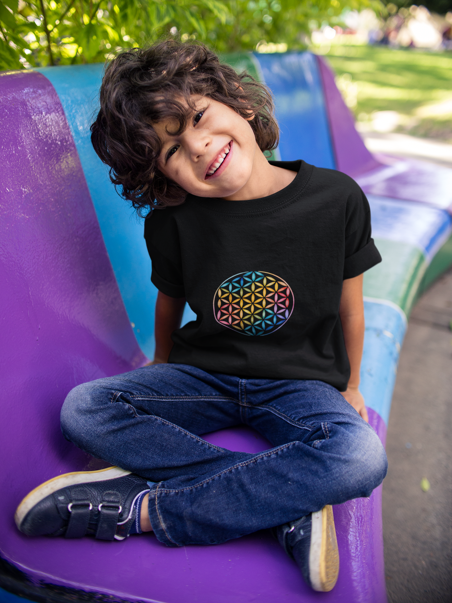 Flower Of Life Youth Yoga Tee - Colorful Flower of Life Design I Kids Art T-Shirt I Summer Fun for Young Yogis I Gift for Birthdays I Spiritual Vibes Tee