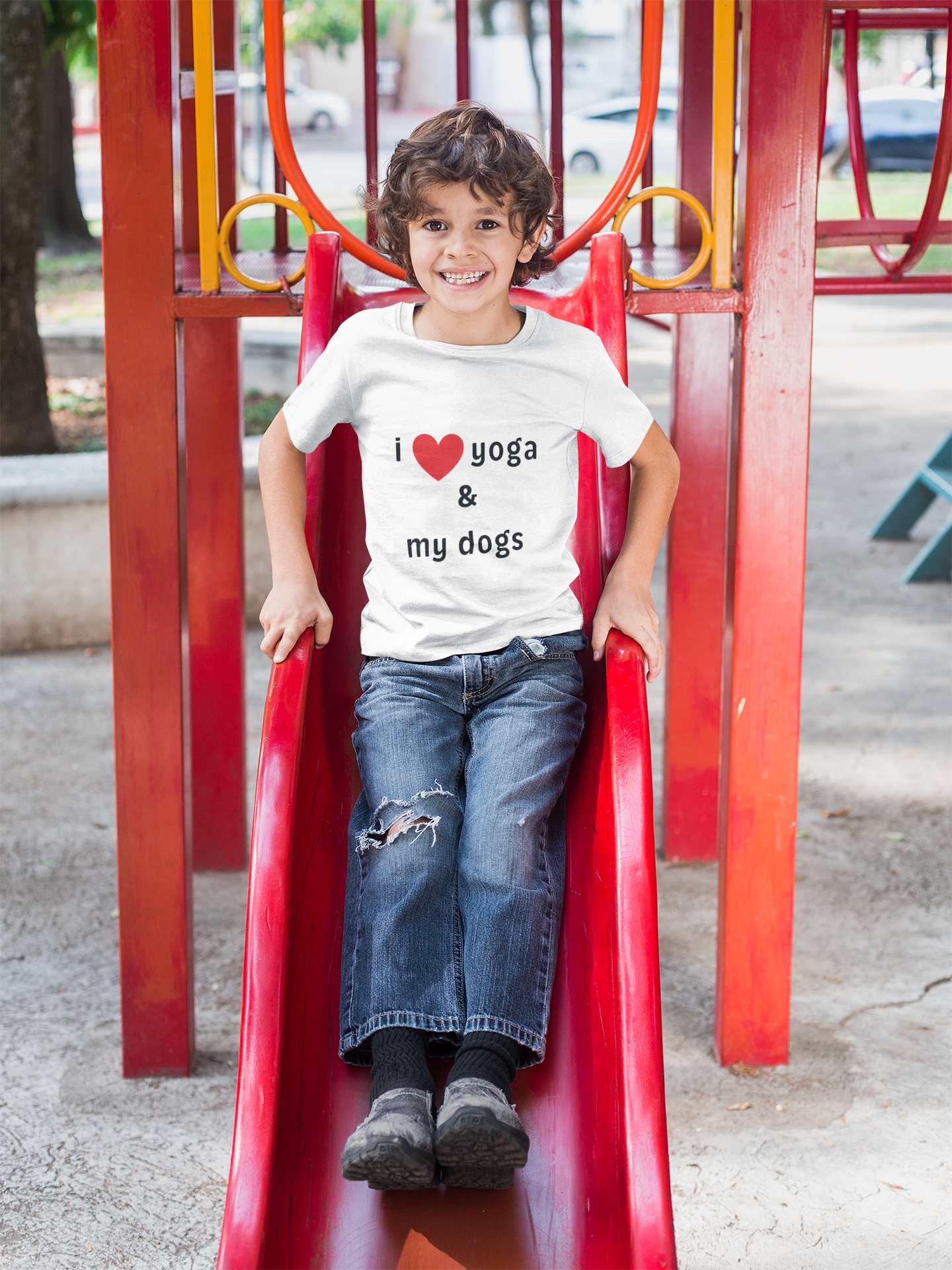 I Love Yoga & My Dogs Youth Yoga Tee - Funny Kids T-Shirt I Pet Lover Gift I Young Yoga Enthusiast Apparel