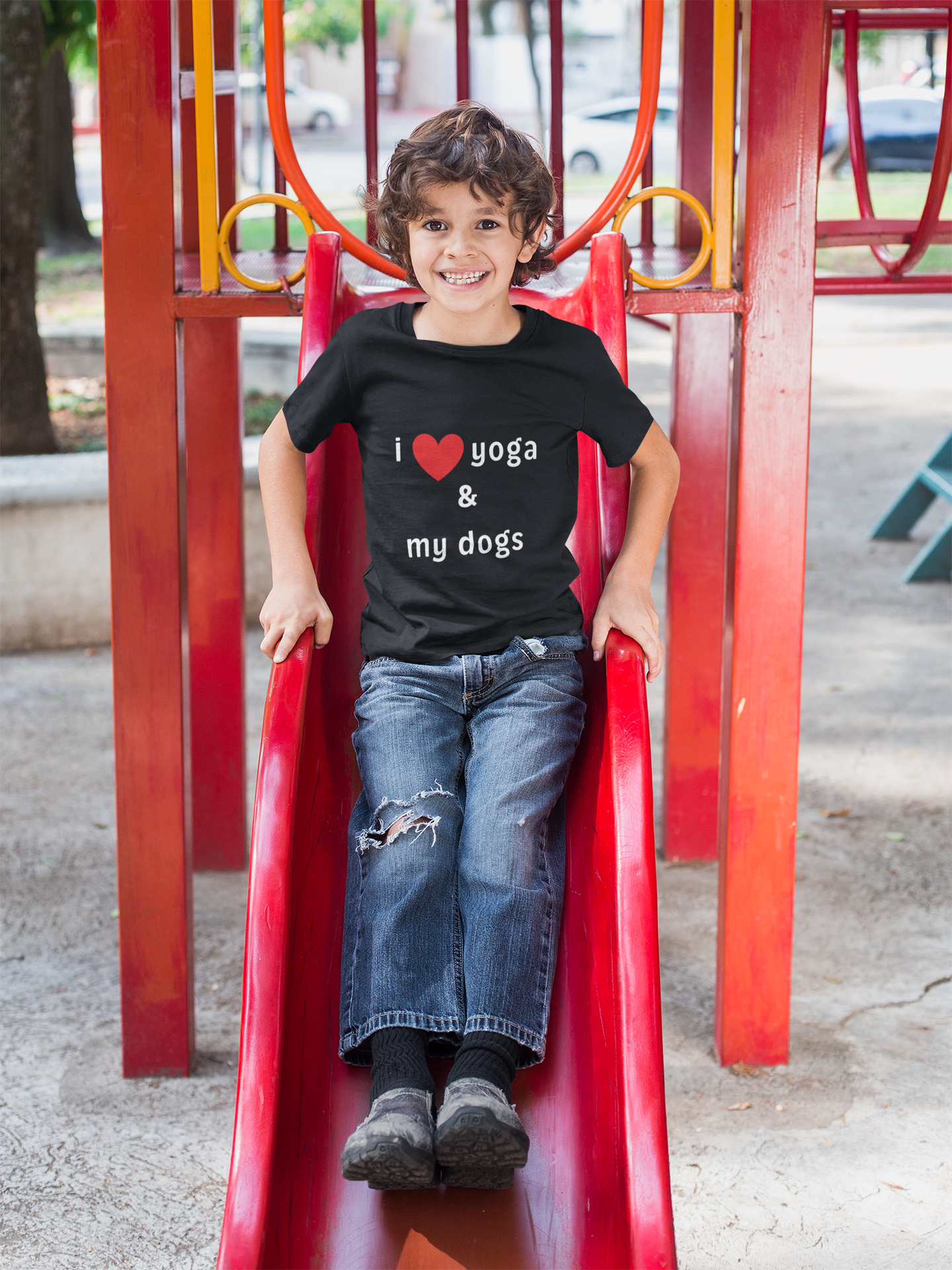 I Love Yoga & My Dogs Youth Yoga Tee - Funny Kids T-Shirt I Pet Lover Gift I Young Yoga Enthusiast Apparel