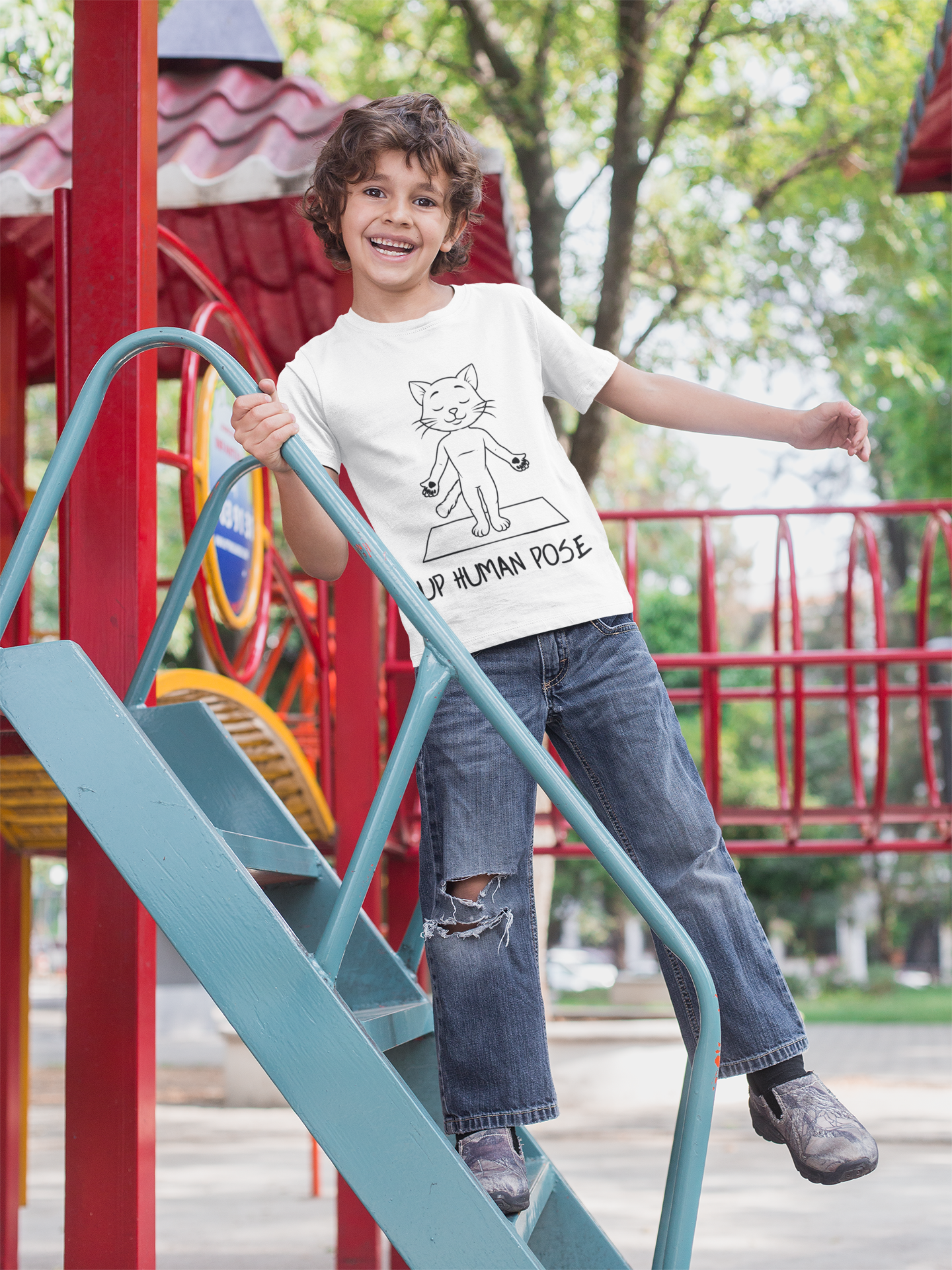 Cute Up Human Pose Design - Youth Yoga Cat Tee I Kids Yoga T-Shirt I Gift for Pet Lovers I Fun Animal Tee I Kids Activewear