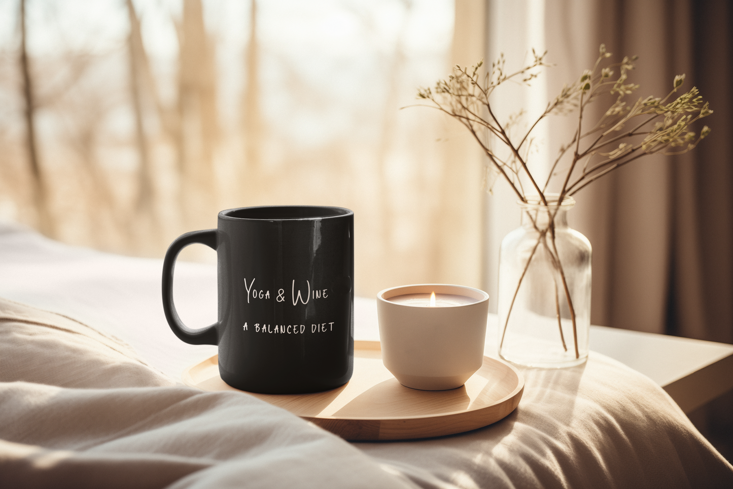 Yoga & Wine A Balanced Diet Coffee Mug - Fun Gift for Yoga Lovers I Balanced Diet Theme I 11oz Black Mug I Unique Kitchen Deco