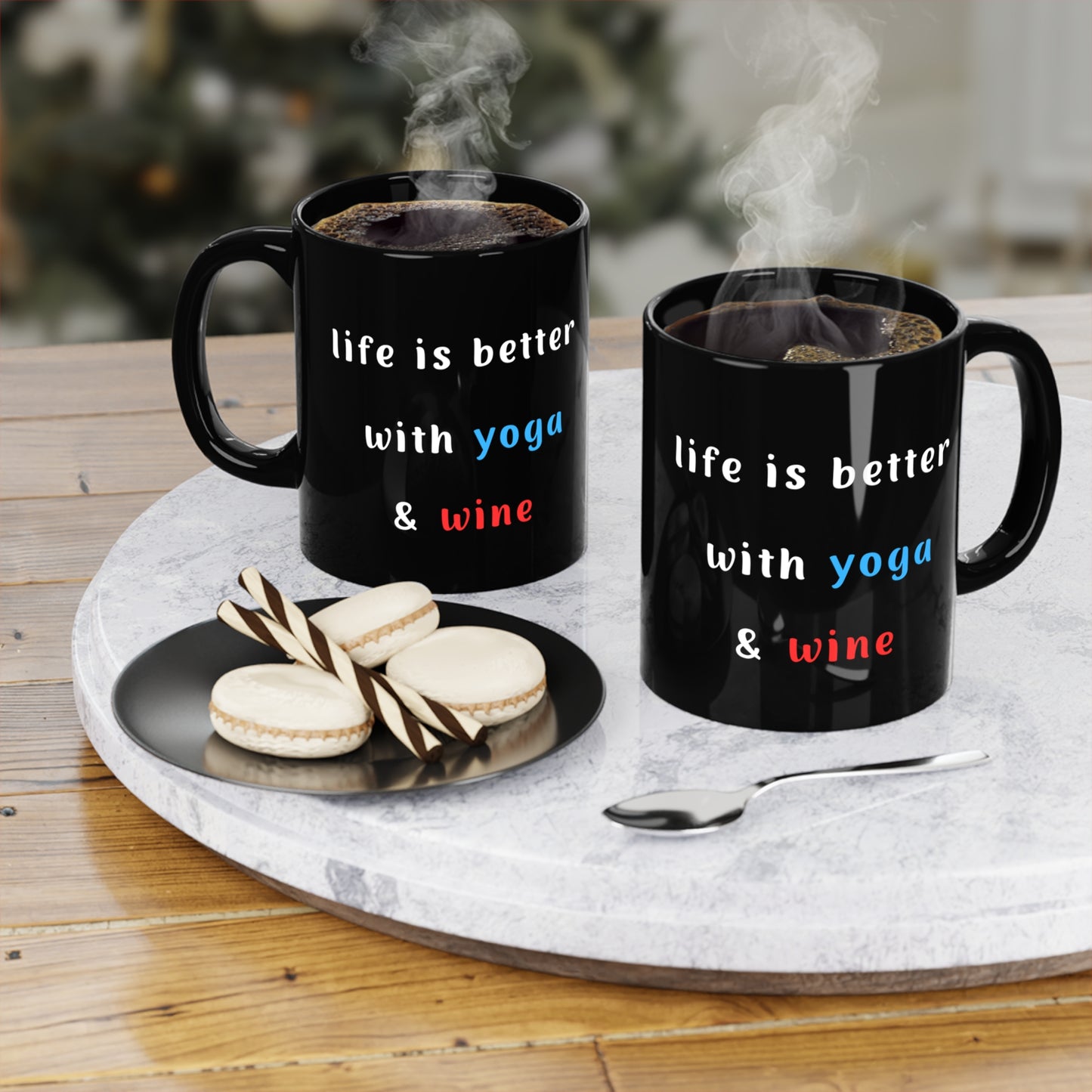 Life is Better with Yoga & Wine Mug I Fun Coffee Cup I Perfect Gift for Yoga Lovers I Housewarming I Birthday I Black Mug