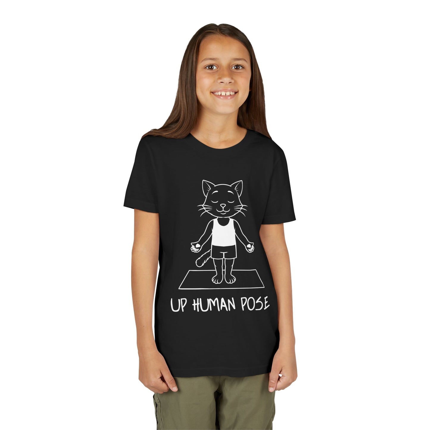 Cute Up Human Pose Design - Youth Yoga Cat Tee I Kids Yoga T-Shirt I Gift for Pet Lovers I Fun Animal Tee I Kids Activewear