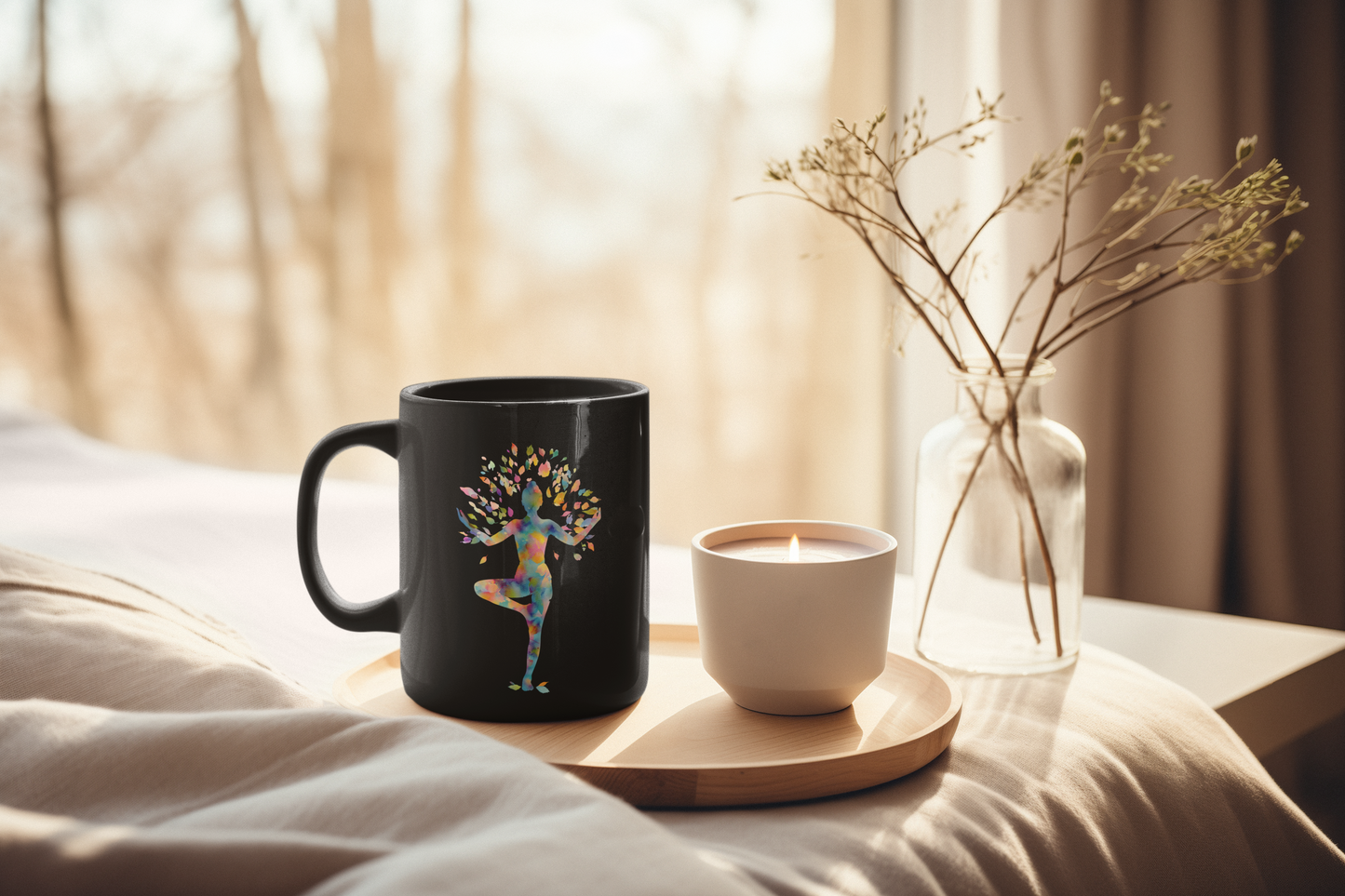 Colorful Tree Pose Black Coffee Mug - 11oz Nature Lover Gift I Yoga Decor I Motivational Drinkware I Spiritual Homeware I Birthday Gift