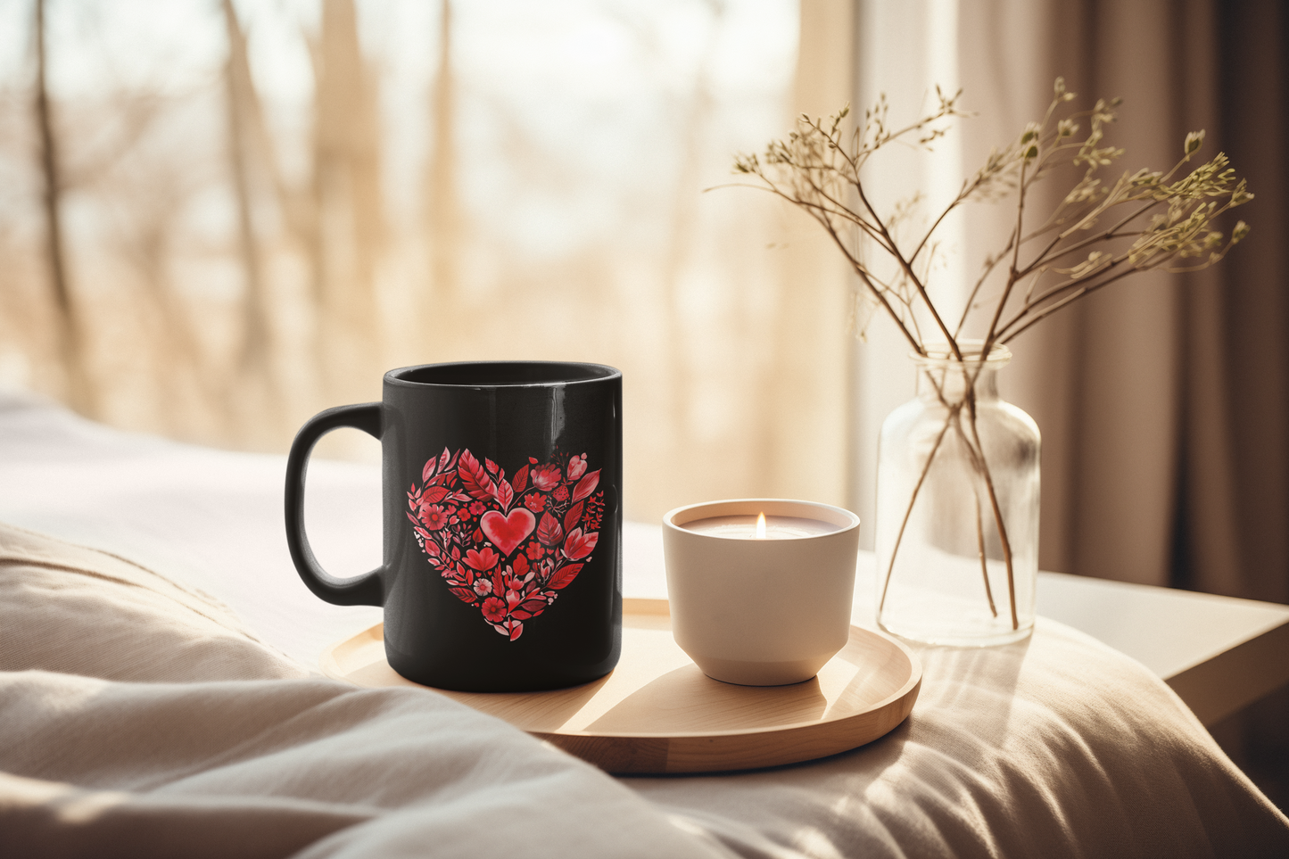 Heart Floral Black Coffee Mug I Romantic Coffee Cup for Valentine's Day I Gift for Coffee Lovers I Floral Mandala Mug for Yogis I Self-Care I Meditation