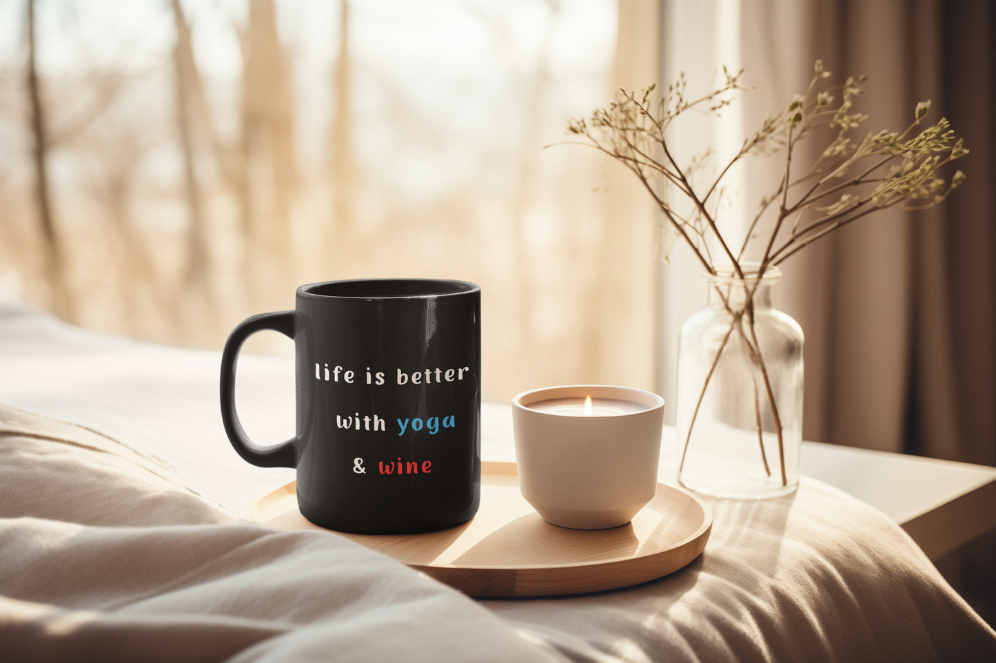 Life is Better with Yoga & Wine Mug I Fun Coffee Cup I Perfect Gift for Yoga Lovers I Housewarming I Birthday I Black Mug