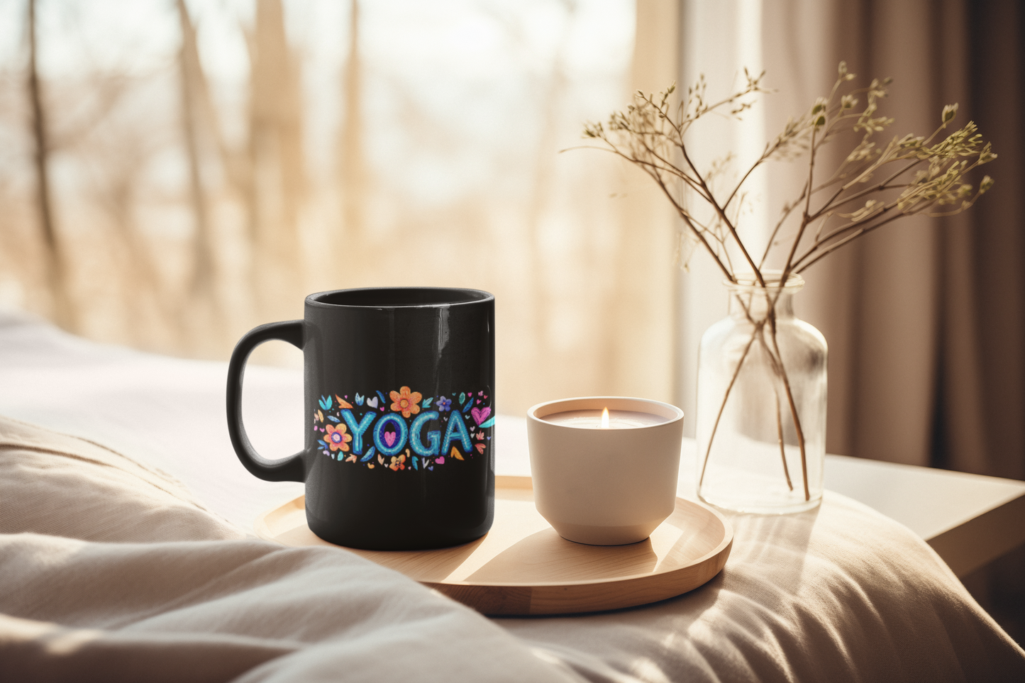 Yoga-Inspired Black Coffee Mug | Floral Yoga Mug | Gifts for Yogis | Cute Mug for Home or Studio | Coffee Lover Gift | Meditation Accessory I Self-Care