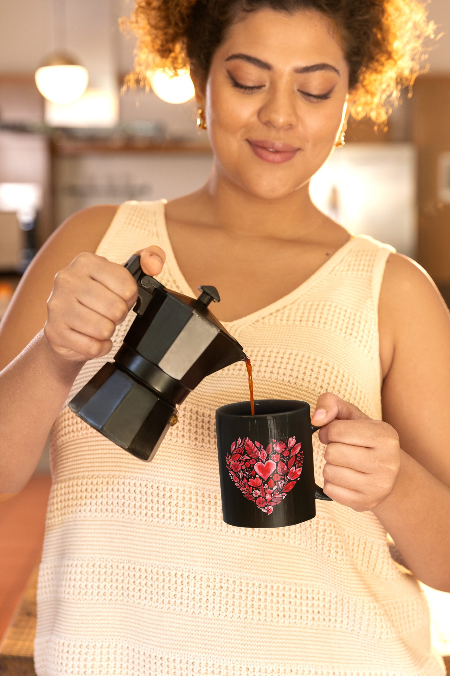 Heart Floral Black Coffee Mug I Romantic Coffee Cup for Valentine's Day I Gift for Coffee Lovers I Floral Mandala Mug for Yogis I Self-Care I Meditation