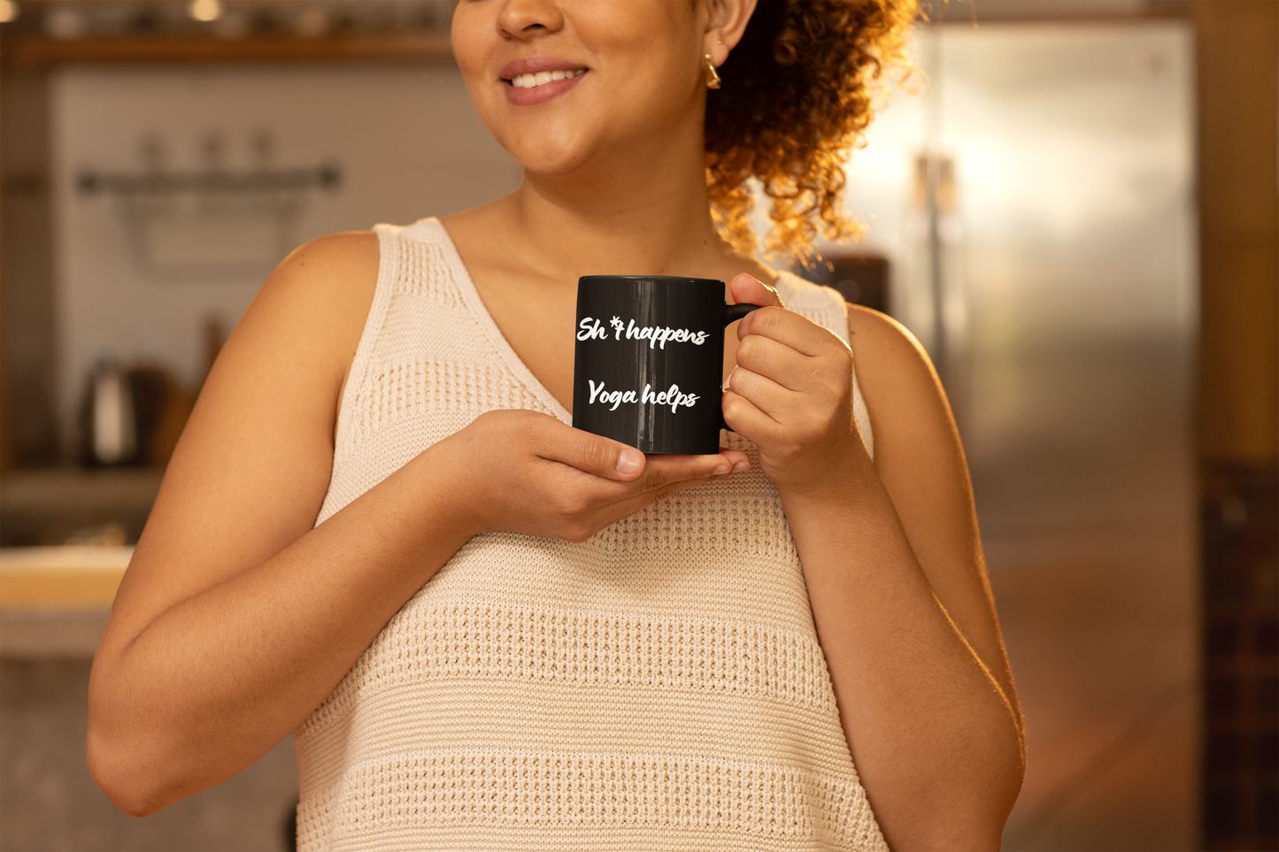 Sh*t Happens Yoga Helps - Funny Yoga Coffee Mug I Gift for Yogis I Wellness Vibe I Black Ceramic Cup I Unique Tea Mug I Self-Care Drinkware