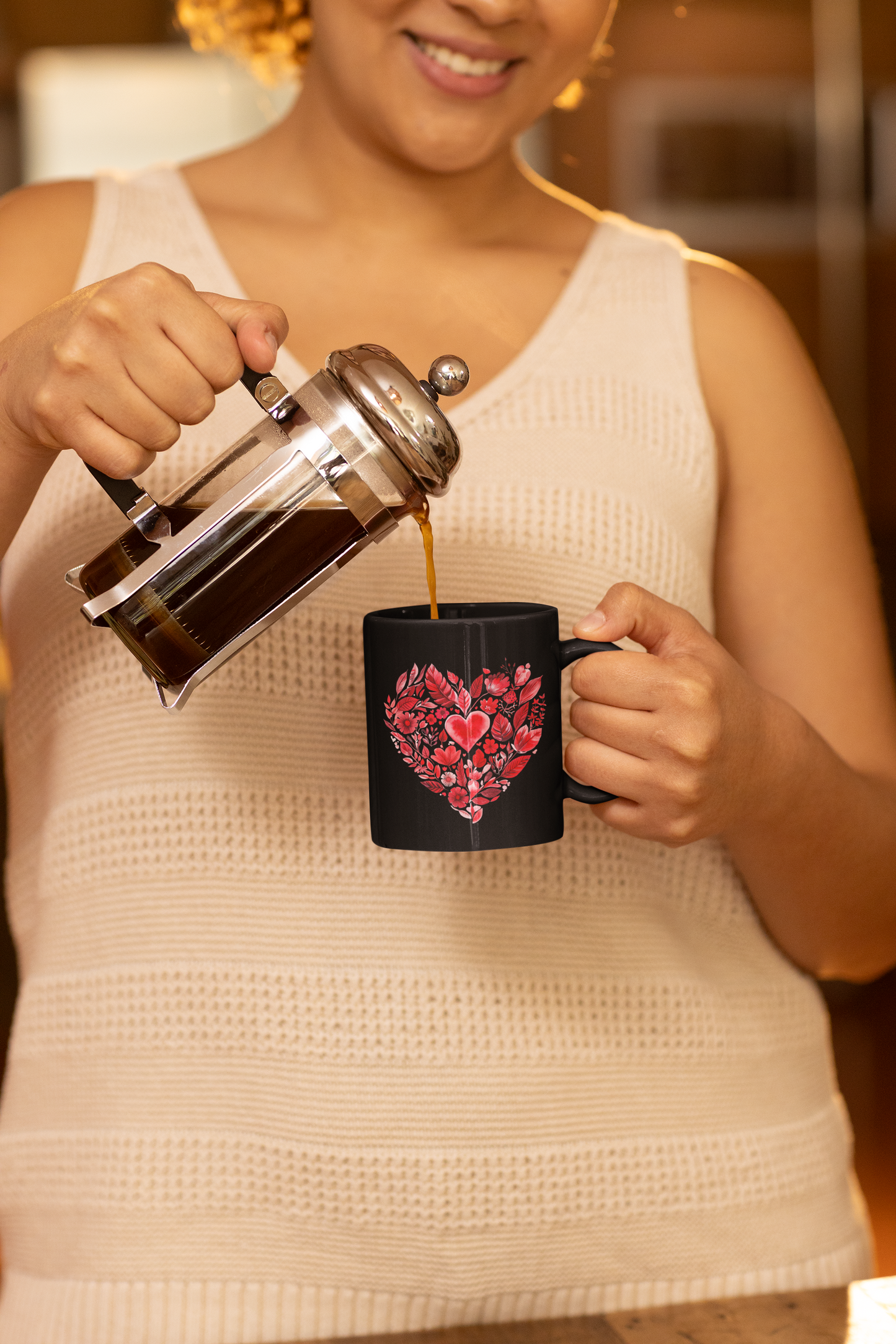 Heart Floral Black Coffee Mug I Romantic Coffee Cup for Valentine's Day I Gift for Coffee Lovers I Floral Mandala Mug for Yogis I Self-Care I Meditation