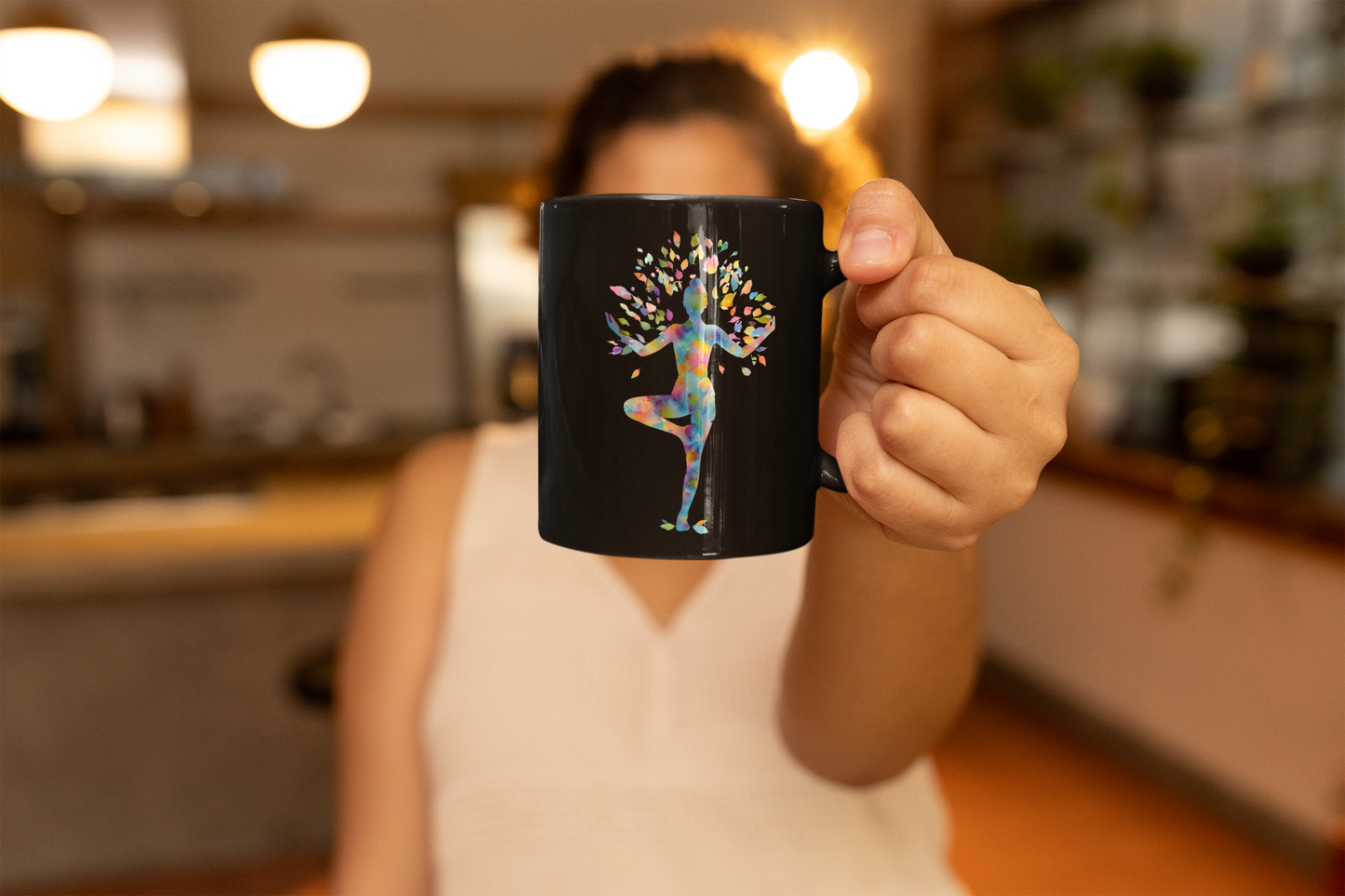 Colorful Tree Pose Black Coffee Mug - 11oz Nature Lover Gift I Yoga Decor I Motivational Drinkware I Spiritual Homeware I Birthday Gift