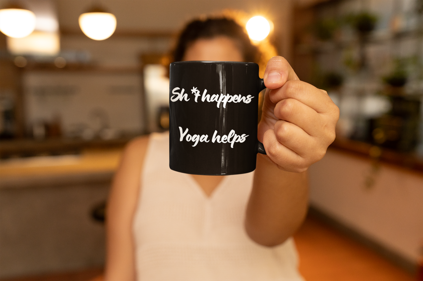 Sh*t Happens Yoga Helps - Funny Yoga Coffee Mug I Gift for Yogis I Wellness Vibe I Black Ceramic Cup I Unique Tea Mug I Self-Care Drinkware