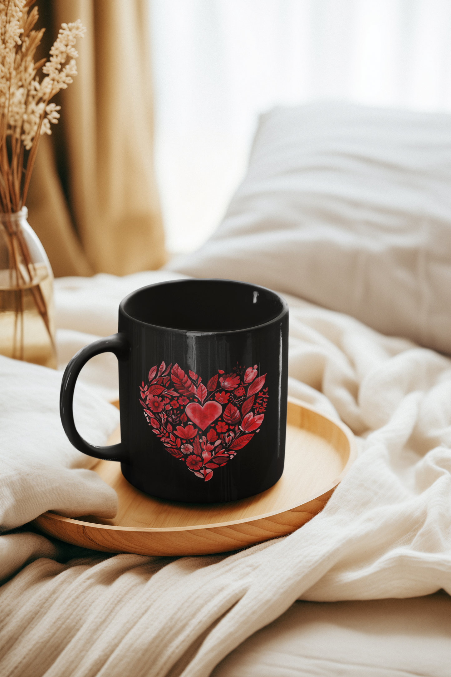Heart Floral Black Coffee Mug I Romantic Coffee Cup for Valentine's Day I Gift for Coffee Lovers I Floral Mandala Mug for Yogis I Self-Care I Meditation