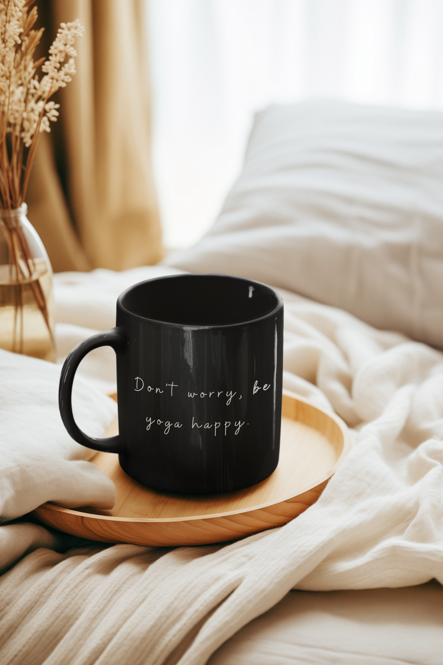 Don't Worry Be Yoga Happy - Black Coffee Mug with Motivational Quote I Perfect for Yoga Lovers I Gifts for Friends I Home Decor I Office Supplies I Mindfulness Reminder