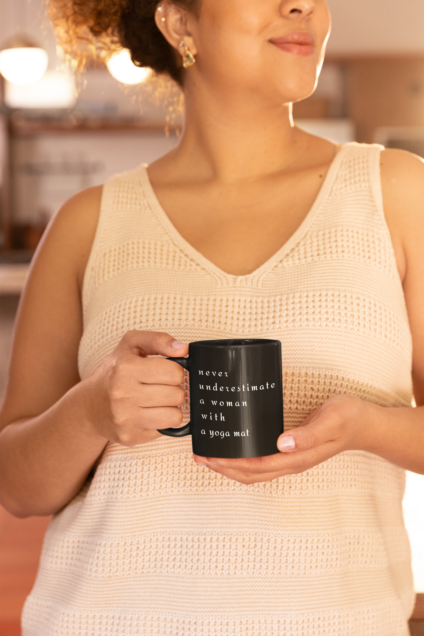 Never Underestimate A Woman With A Yoga Mat - Empowering Black Coffee Mug for Yogis I Motivational Gift for Women I Inspirational Drinkware I Yoga Lover's Coffee Cup
