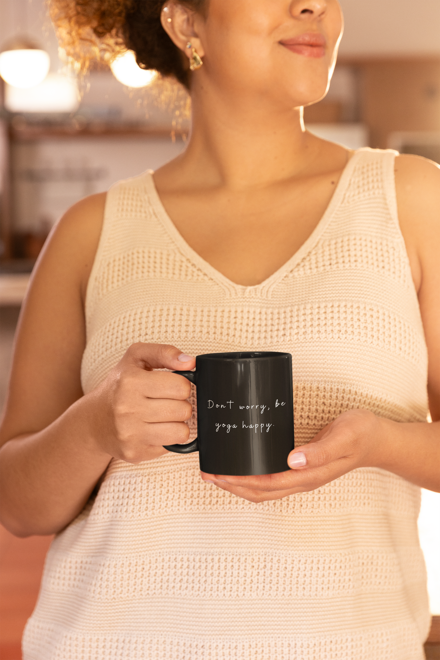 Don't Worry Be Yoga Happy - Black Coffee Mug with Motivational Quote I Perfect for Yoga Lovers I Gifts for Friends I Home Decor I Office Supplies I Mindfulness Reminder
