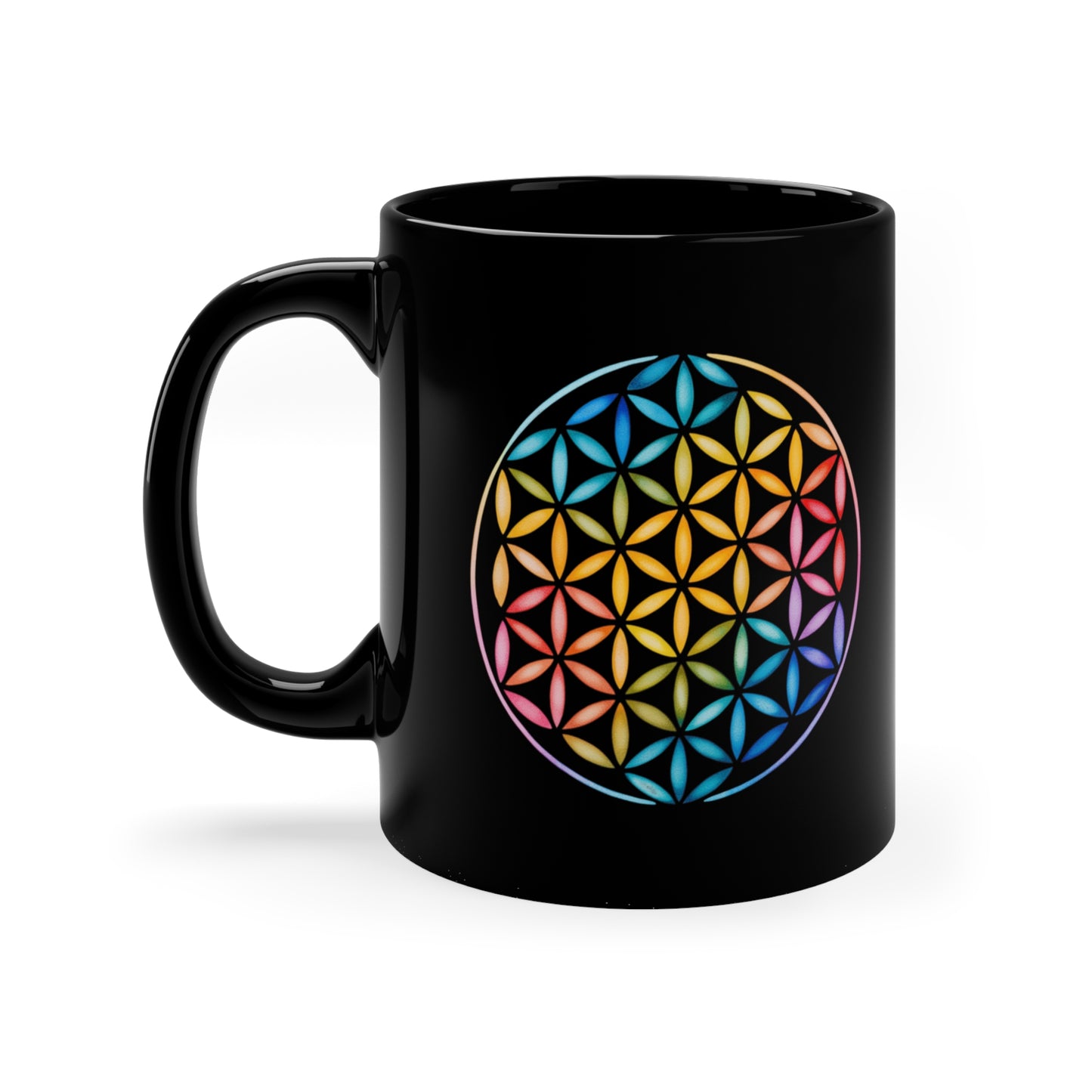 Colorful Flower of Life Black Coffee Mug | Spiritual Gift I Boho Decor I Tea Lover's Mug I Rainbow Art I Self-Care Yoga I Unique Kitchenware