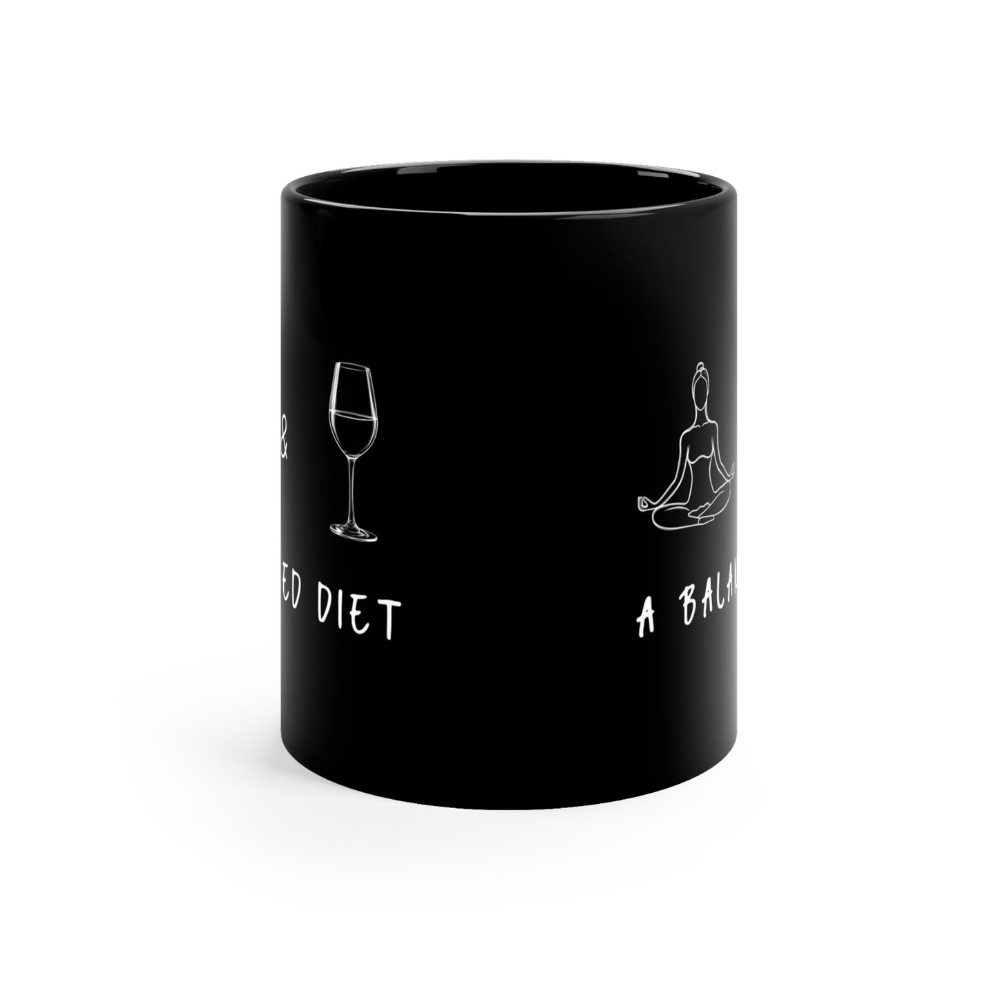 Yoga & Wine A Balanced Diet Coffee Mug - Fun Gift for Yoga Lovers I Balanced Diet Theme I 11oz Black Mug I Unique Kitchen Deco I Home Office