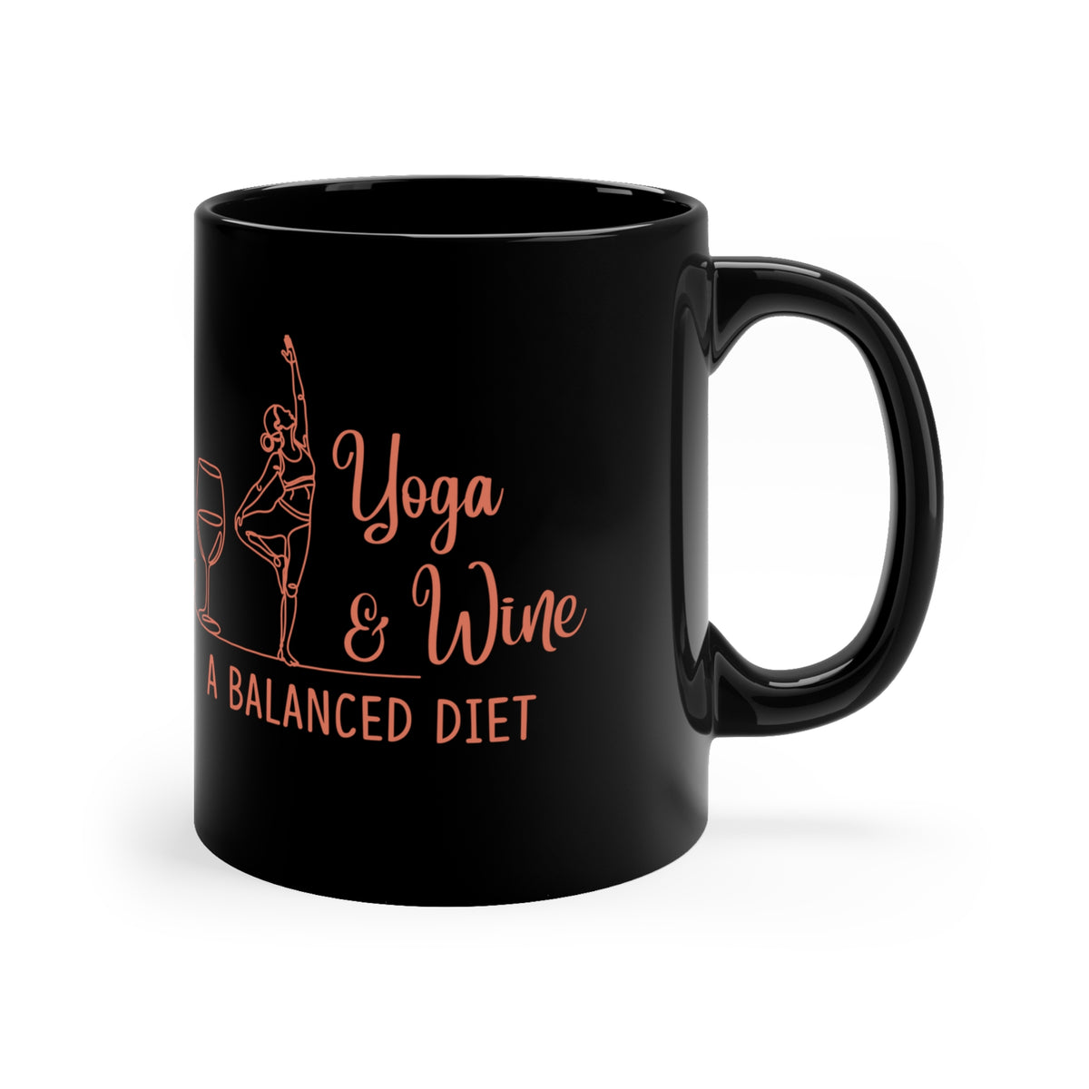 Yoga & Wine Mug — "A Balanced Diet" Black 11oz Coffee Cup I Funny Yoga Mug I Meditation Gift For Yogi