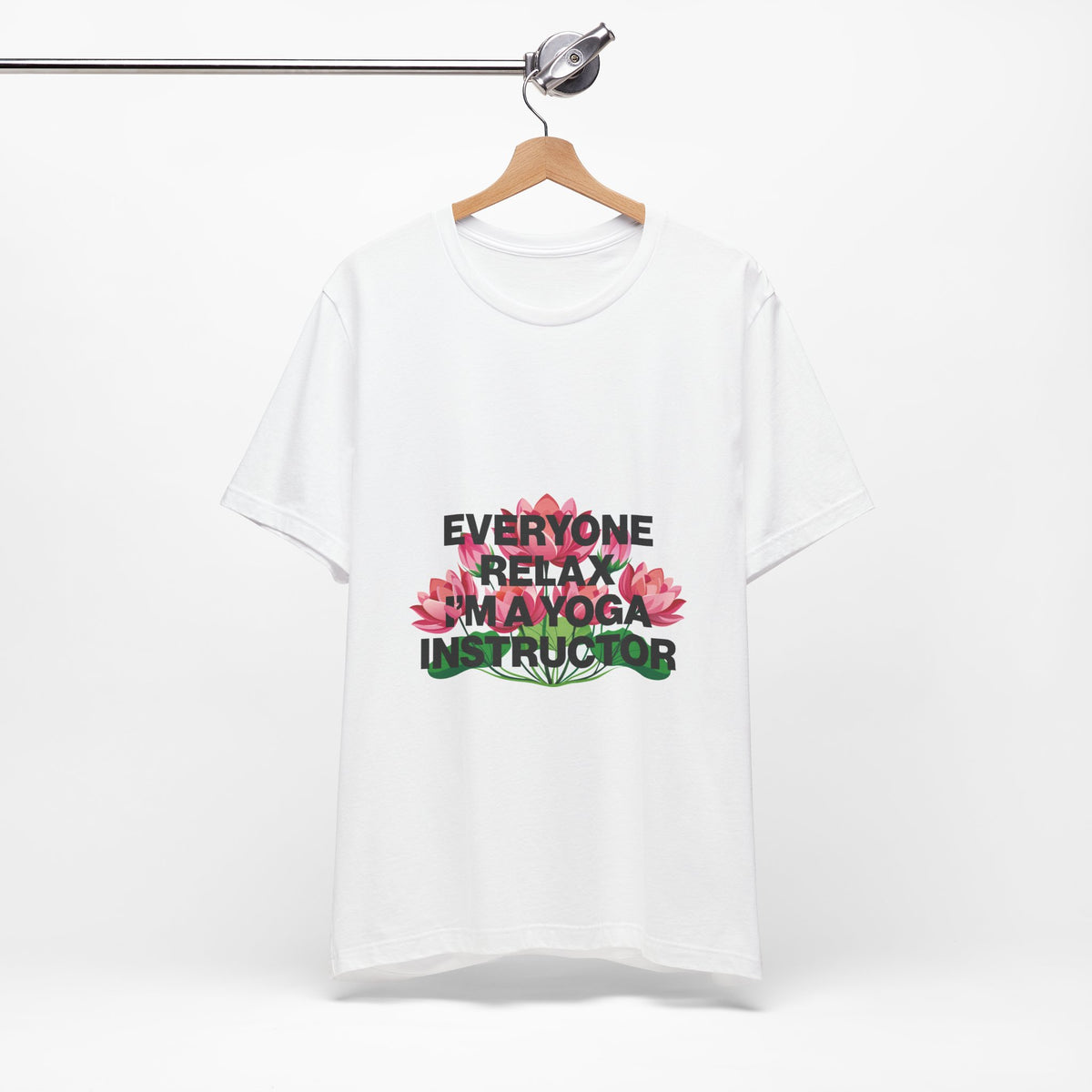 White t-shirt with floral design and text on a white background