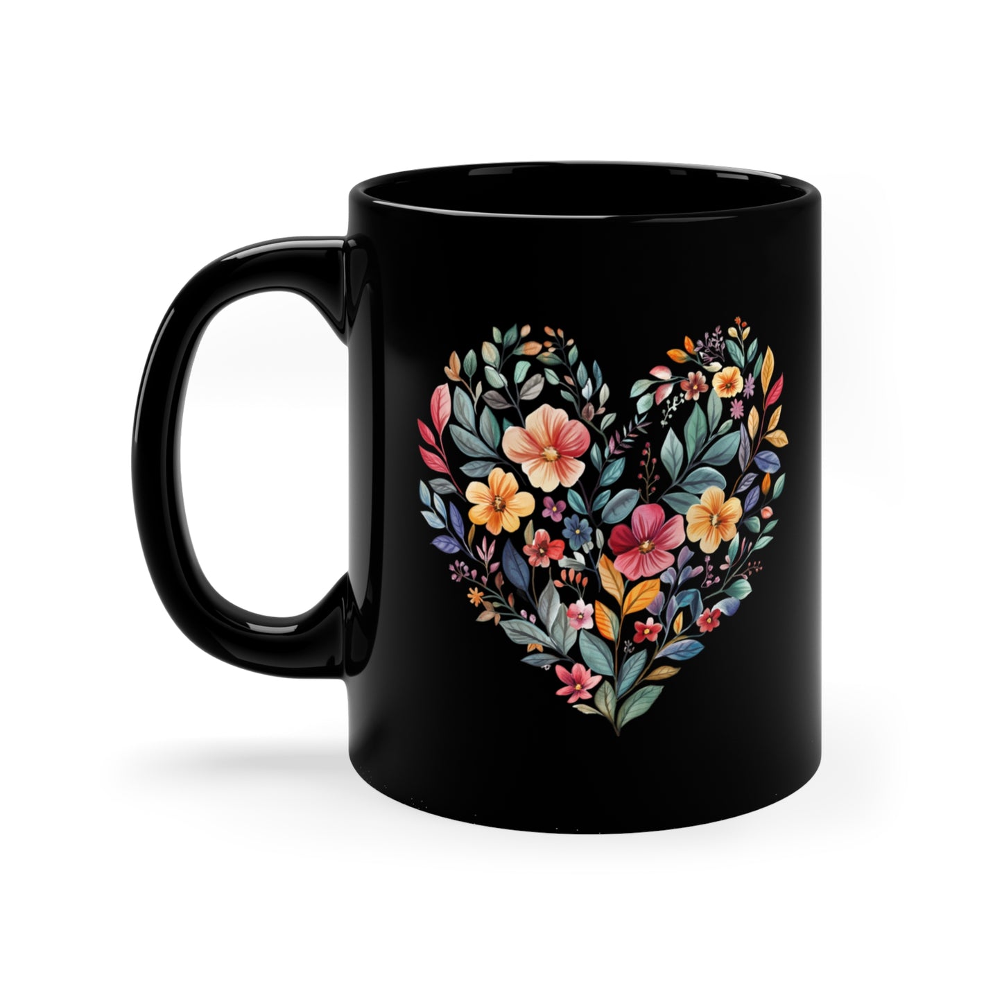 Floral Heart Mandala Coffee Mug I 11oz Black Ceramic Coffee Cup for Yoga Lovers I Ideal Gift for Mother's Day I Birthdays and Meditation Enthusiasts
