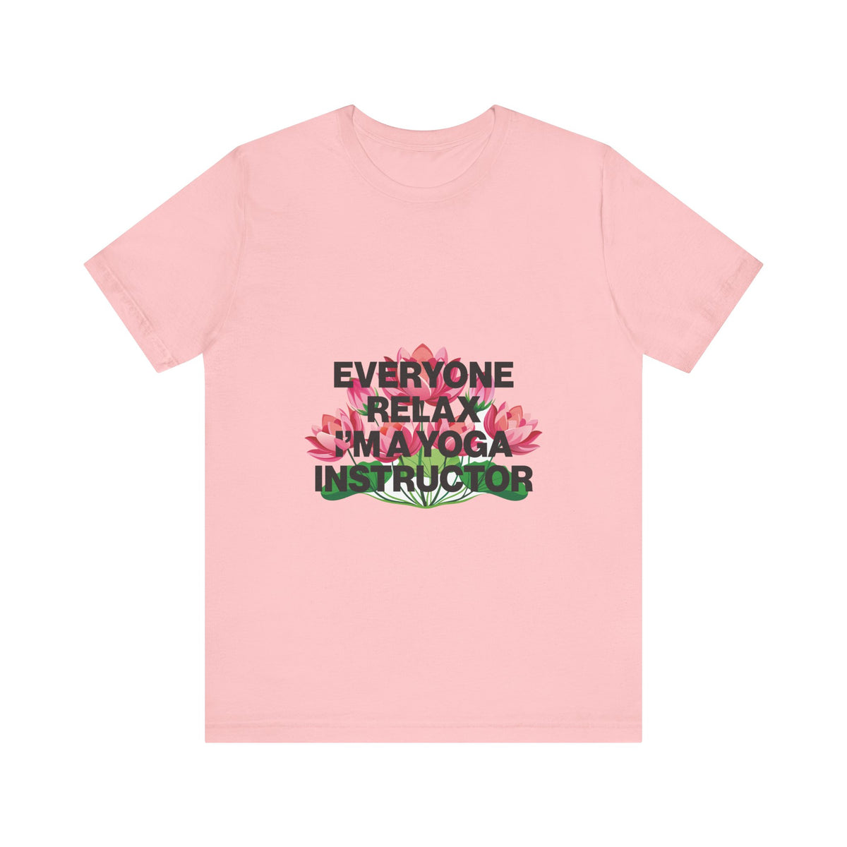 Pink t-shirt with text and floral design on a white background
