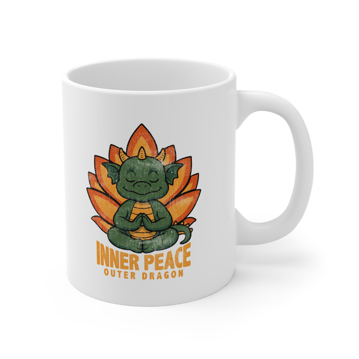 Inner Peace Outer Dragon Mug — Cute Meditating Dragon 11oz Coffee Cup I Retro Lotus Gift For Yogi