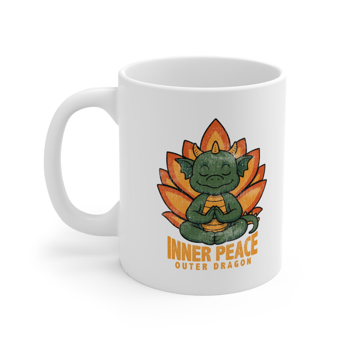 Inner Peace Outer Dragon Mug — Cute Meditating Dragon 11oz Coffee Cup I Retro Lotus Gift For Yogi