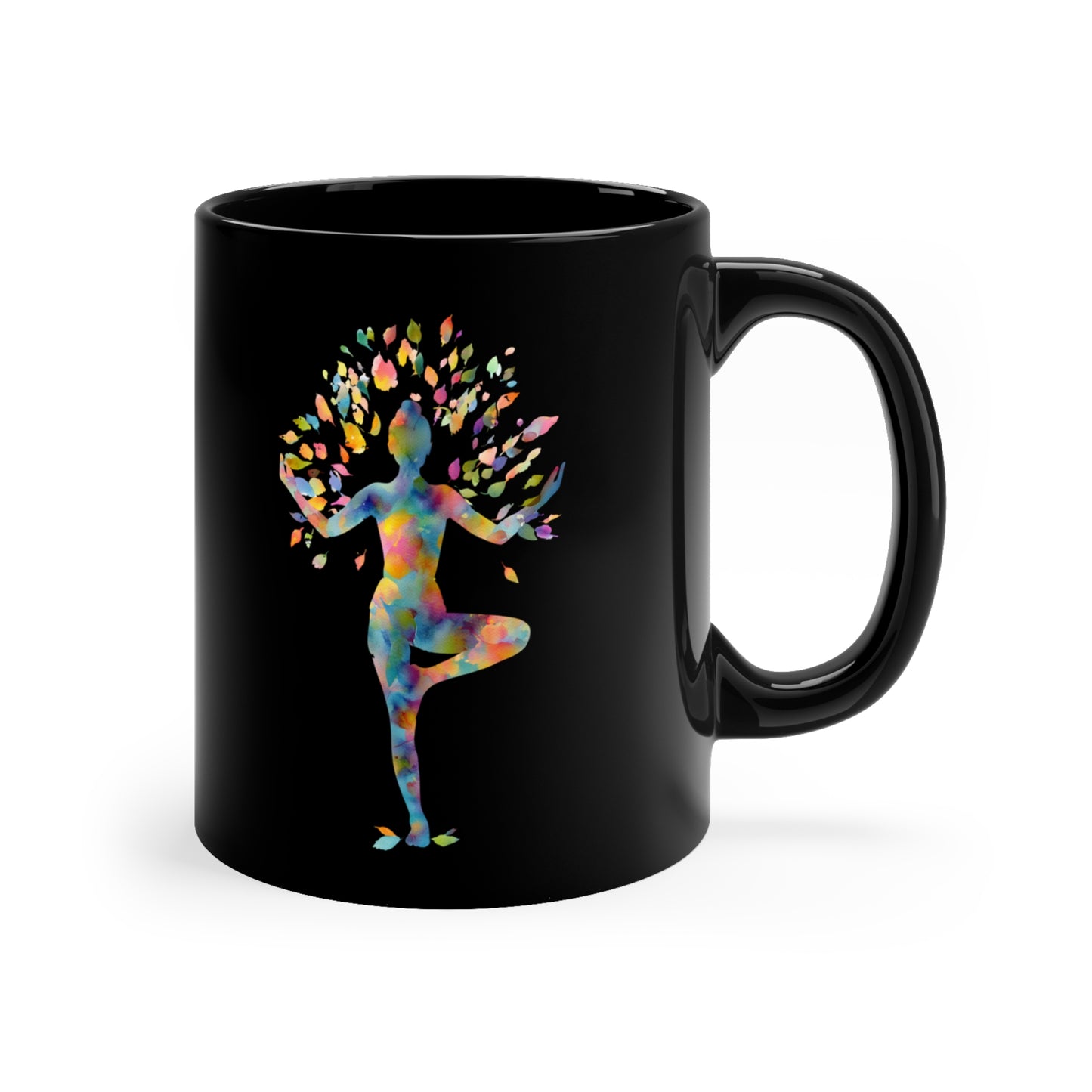 Colorful Tree Pose Black Coffee Mug - 11oz Nature Lover Gift I Yoga Decor I Motivational Drinkware I Spiritual Homeware I Birthday Gift