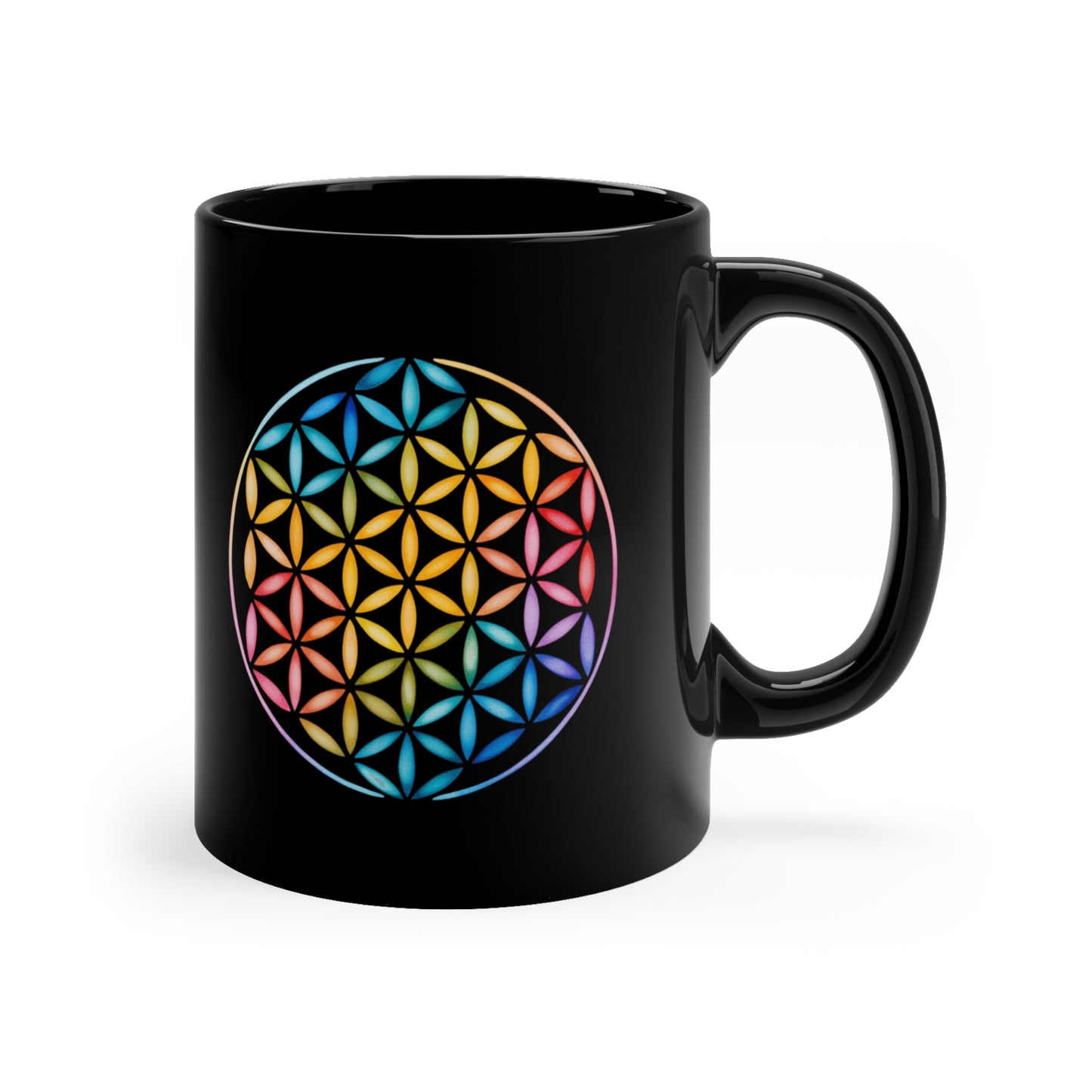 Colorful Flower of Life Black Coffee Mug | Spiritual Gift I Boho Decor I Tea Lover's Mug I Rainbow Art I Self-Care Yoga I Unique Kitchenware