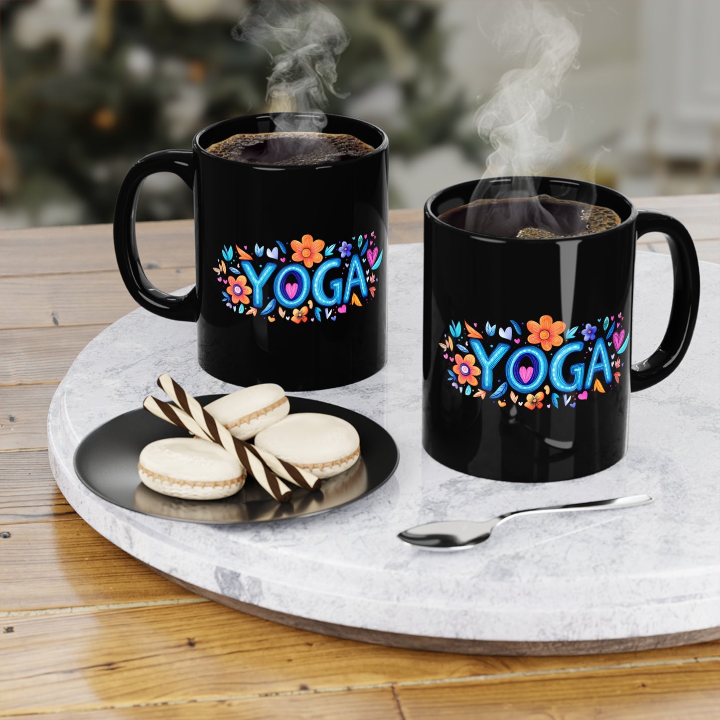 Yoga-Inspired Black Coffee Mug | Floral Yoga Mug | Gifts for Yogis | Cute Mug for Home or Studio | Coffee Lover Gift | Meditation Accessory I Self-Care