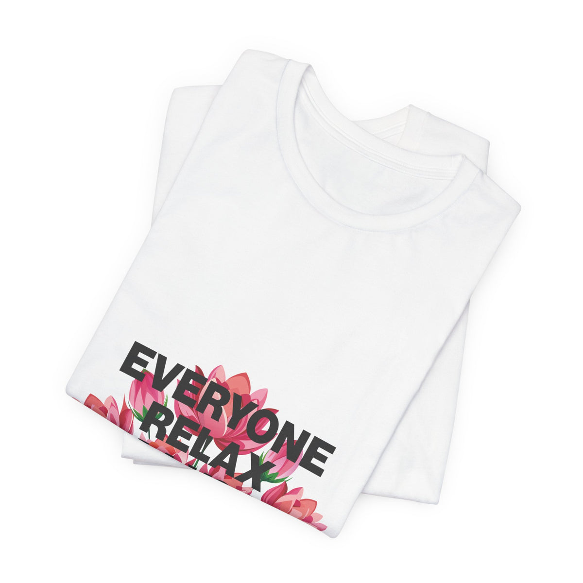 White tank top with floral design and 'Everyone Relax' text on a white background