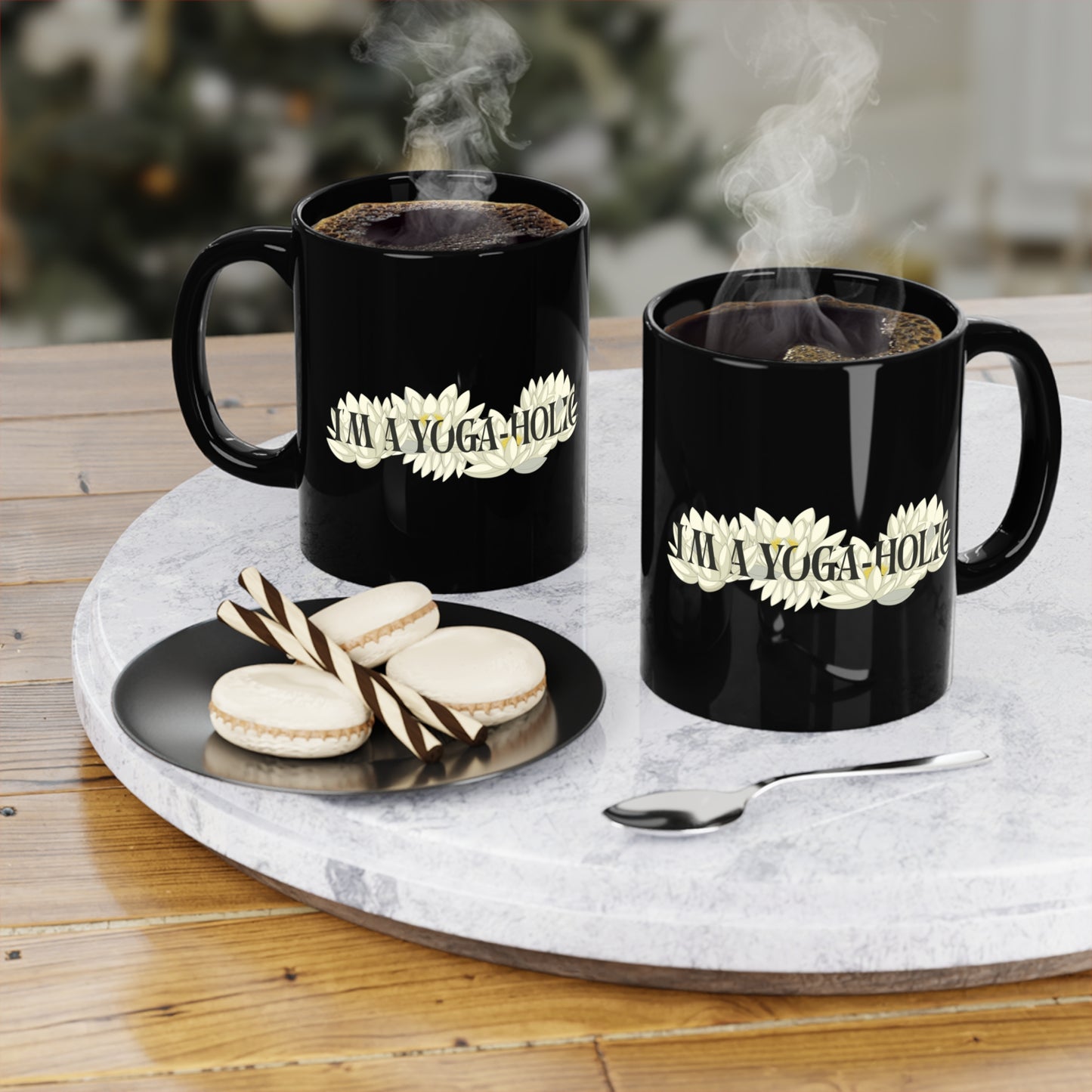 A Yoga-Holic Black Coffee Mug – "I'm A Yoga-Holic" Floral Cup I 11oz Funny Lotus Yoga Mug I Meditation Gift