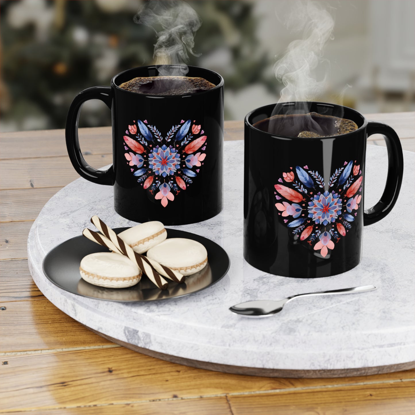 Heartwarming Floral Heart Mandala Black Coffee Mug | Perfect Gift for Coffee Lovers I Self-Care Yoga I Home Decor I Valentine's Day I Birthdays I Office Use