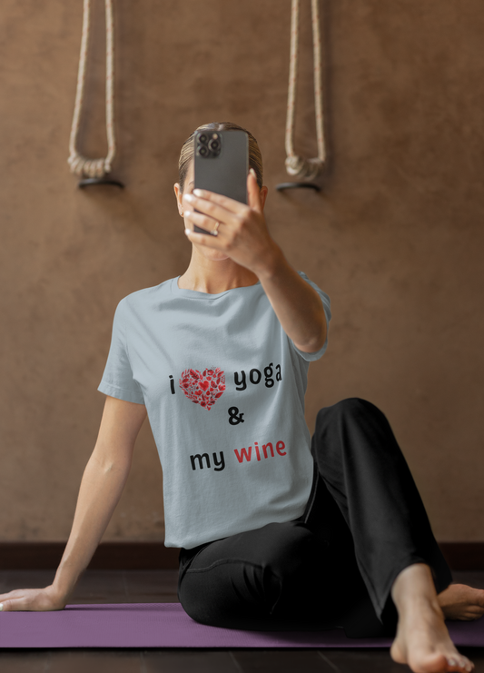 I Love Yoga & My Wine Unisex Tee - Perfect for Yogis and Wine Lovers I Funny Yoga Gift I Self-Care Meditation Apparel
