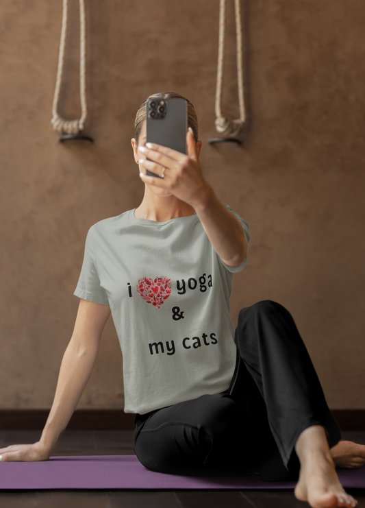 I Love Yoga & My Cats Tee | Cat & Yoga Lovers T-Shirt I Yoga Unisex Tee Gift for Cat Moms & Yogis I Self-Care Meditation Apparel