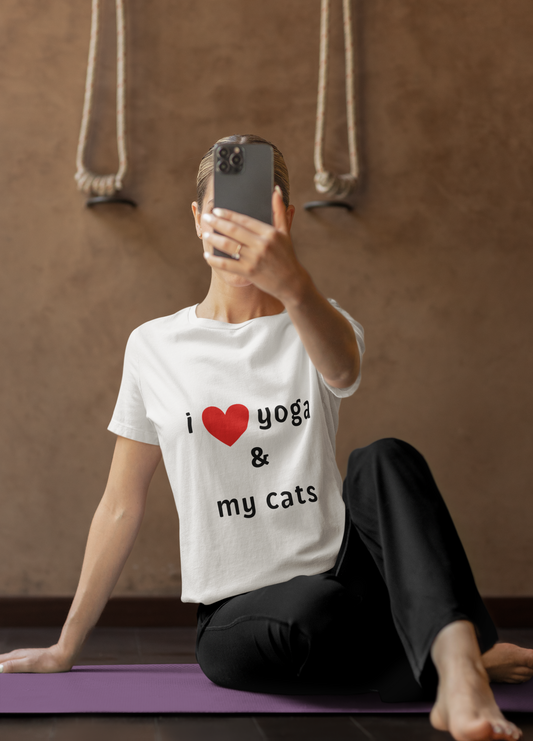 I Love Yoga & My Cats Tee | Cat & Yoga Lovers T-Shirt I Yoga Unisex Tee Gift for Cat Moms & Yogis I Self-Care Meditation Apparel