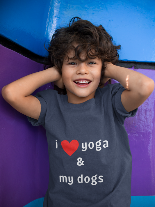 I Love Yoga & My Dogs Youth Yoga Tee - Funny Kids T-Shirt I Pet Lover Gift I Young Yoga Enthusiast Apparel