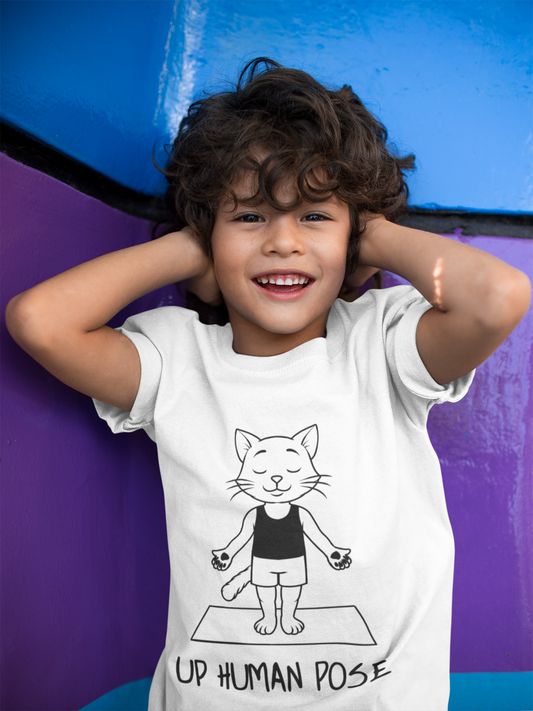 Cute Up Human Pose Design - Youth Yoga Cat Tee I Kids Yoga T-Shirt I Gift for Pet Lovers I Fun Animal Tee I Kids Activewear