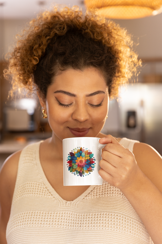 Vibrant Floral Mandala Mug - Colorful Yoga Coffee Cup for Nature Lovers I Great Gift for Birthdays I Yoga Self-Care I Floral Decor I Watercolor Design