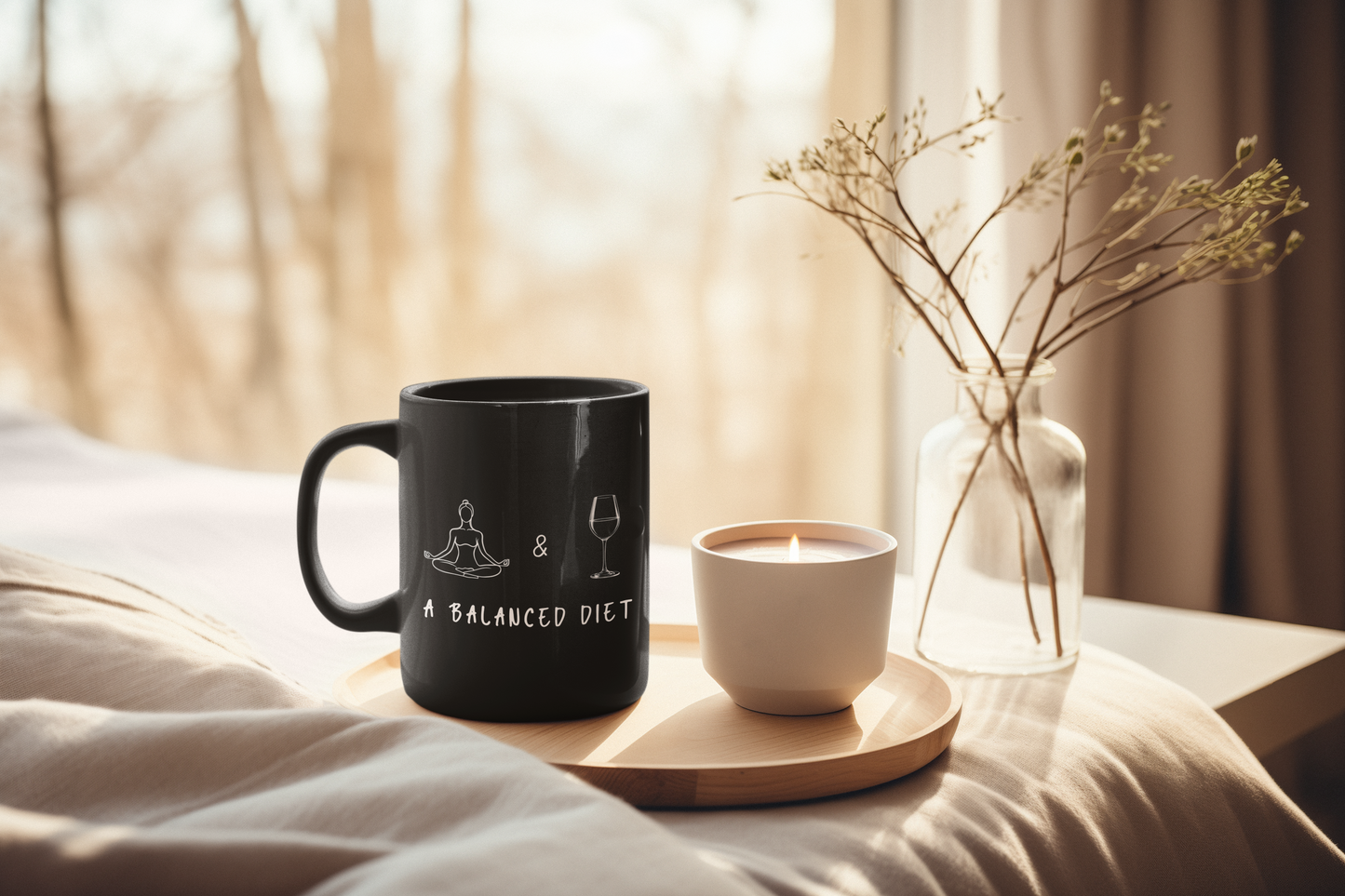 Yoga & Wine A Balanced Diet Coffee Mug - Fun Gift for Yoga Lovers I Balanced Diet Theme I 11oz Black Mug I Unique Kitchen Deco I Home Office